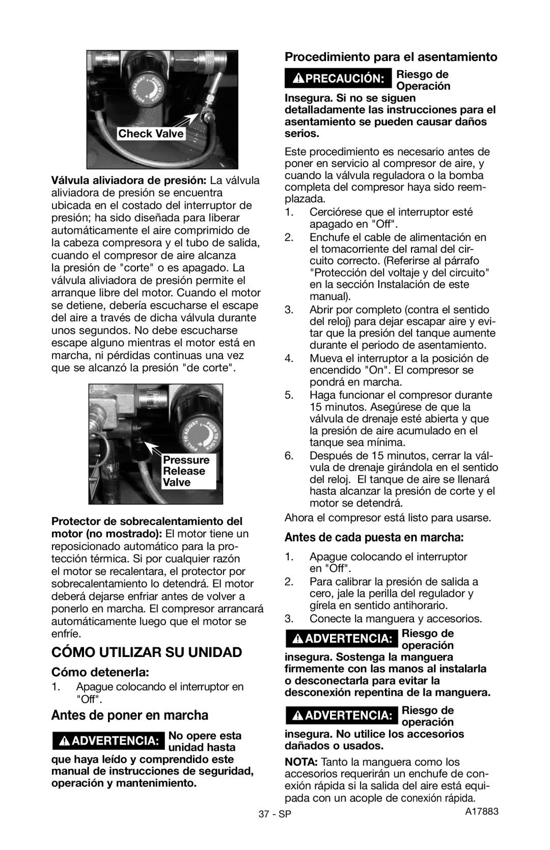 Craftsman 919.167321 owner manual Antes de poner en marcha, Cómo detenerla, Procedimiento para el asentamiento 