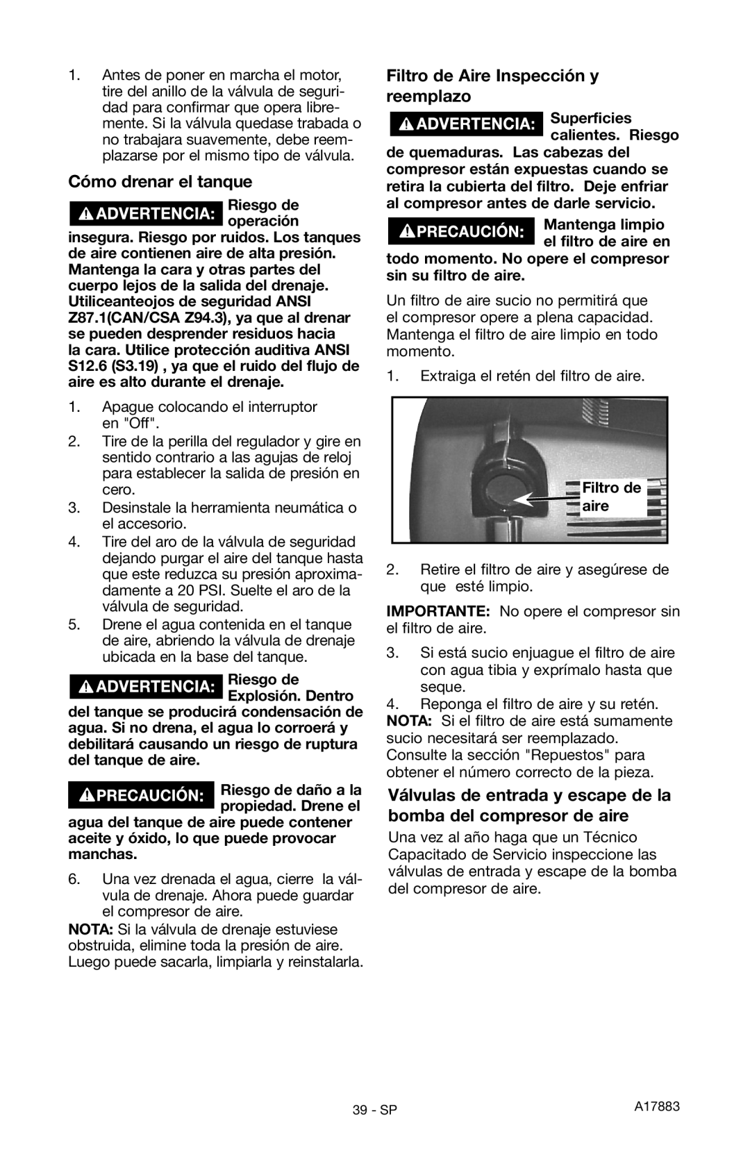 Craftsman 919.167321 Cómo drenar el tanque, Filtro de Aire Inspección y reemplazo, Superficies calientes. Riesgo 