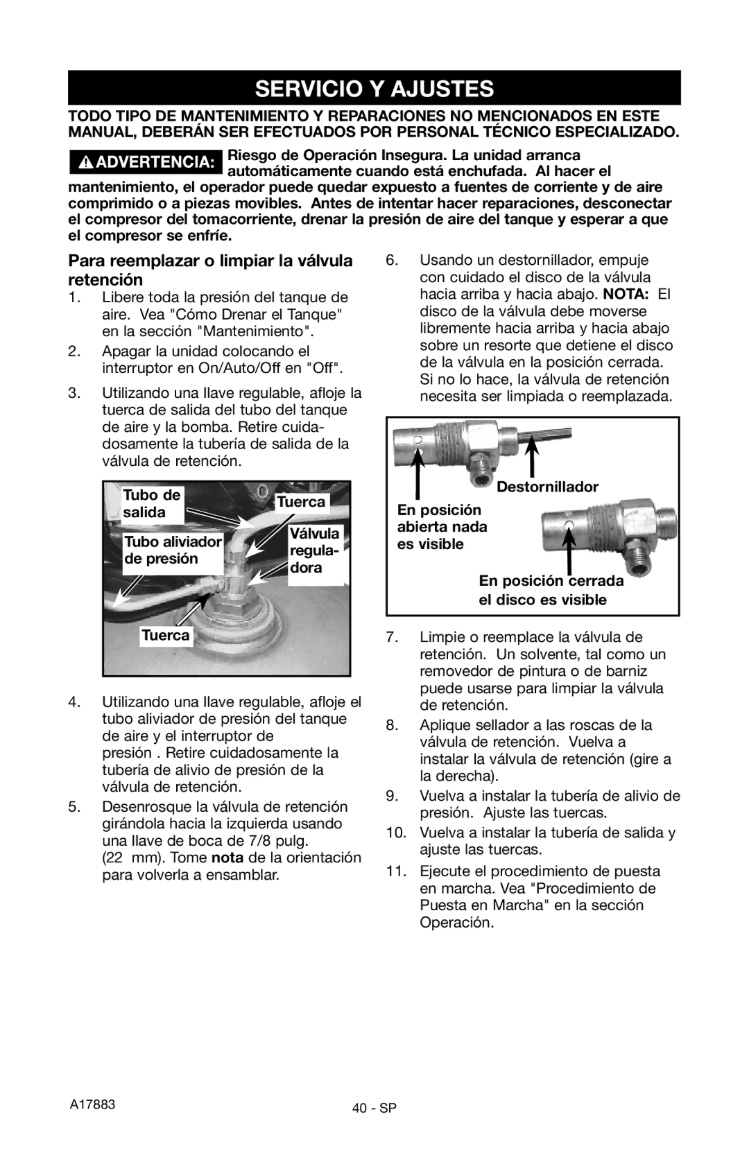 Craftsman 919.167321 Servicio Y Ajustes, Para reemplazar o limpiar la válvula retención, Tuerca Salida Tubo aliviador 