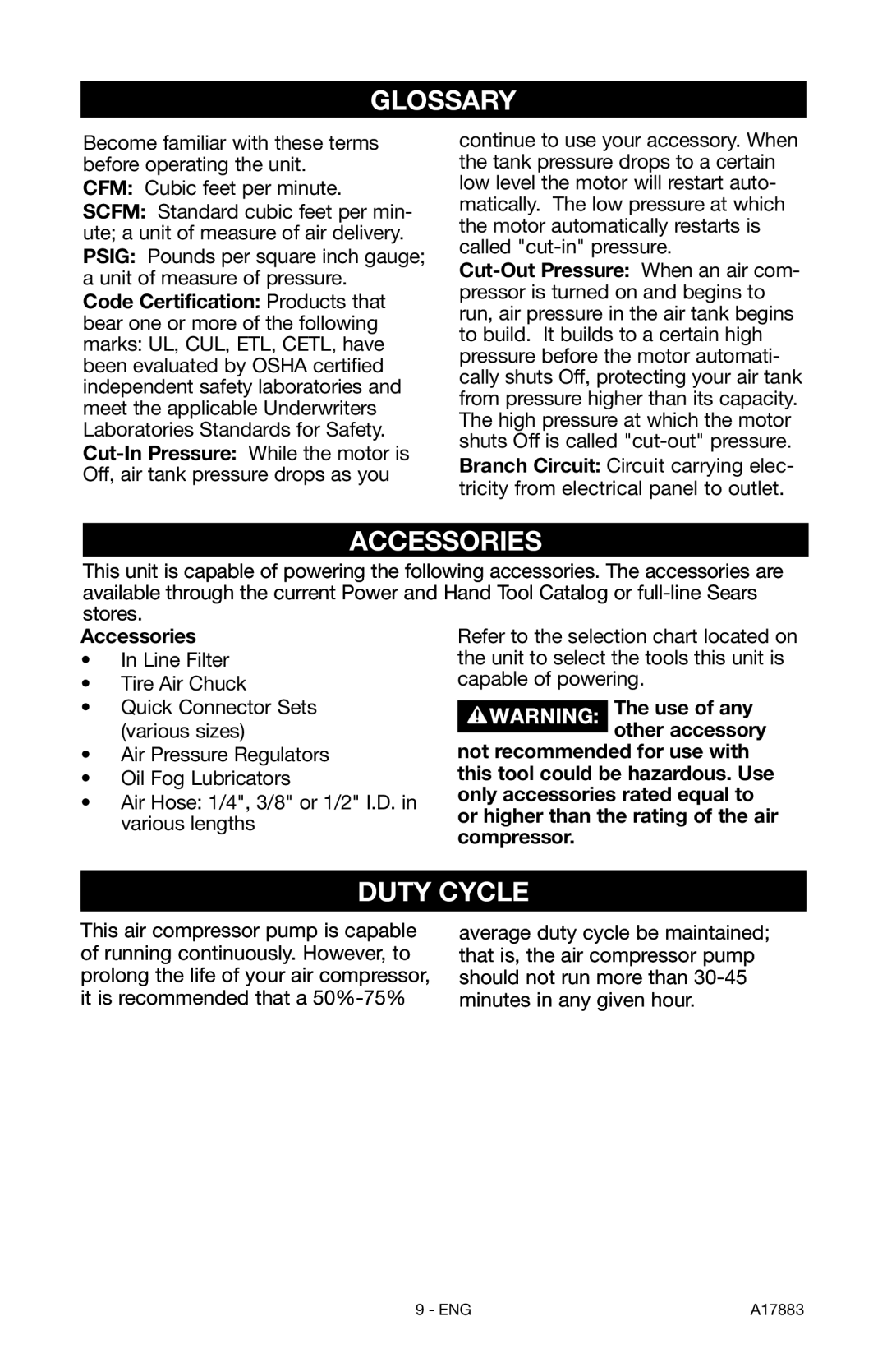 Craftsman 919.167321 owner manual Glossary, Accessories, Duty Cycle 