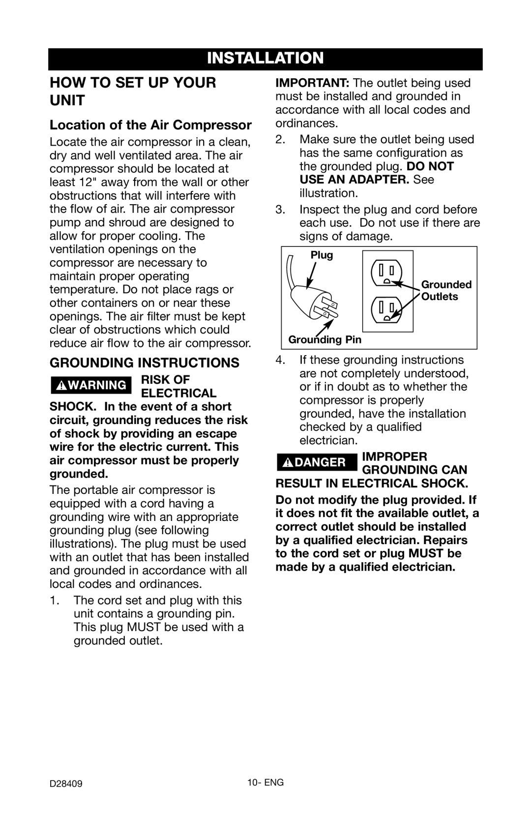 Craftsman 919.167362 owner manual Installation, Location of the Air Compressor, Grounding Instructions, Risk of Electrical 