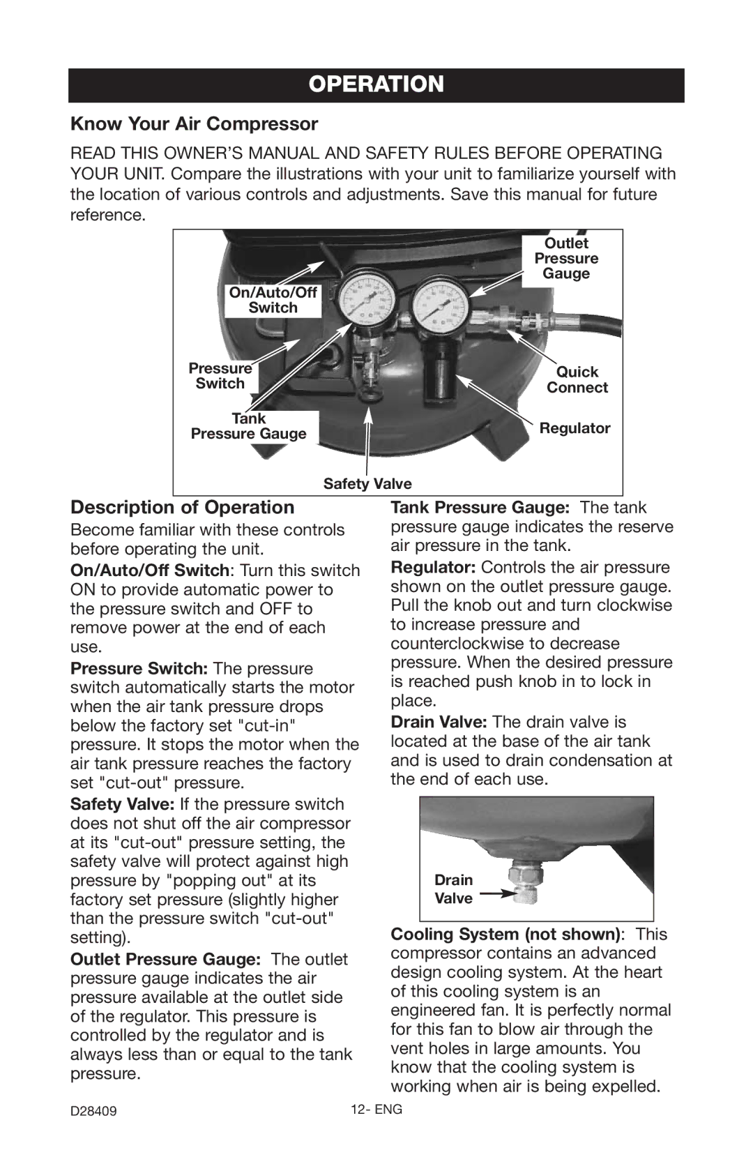 Craftsman 919.167362 owner manual Know Your Air Compressor, Description of Operation 