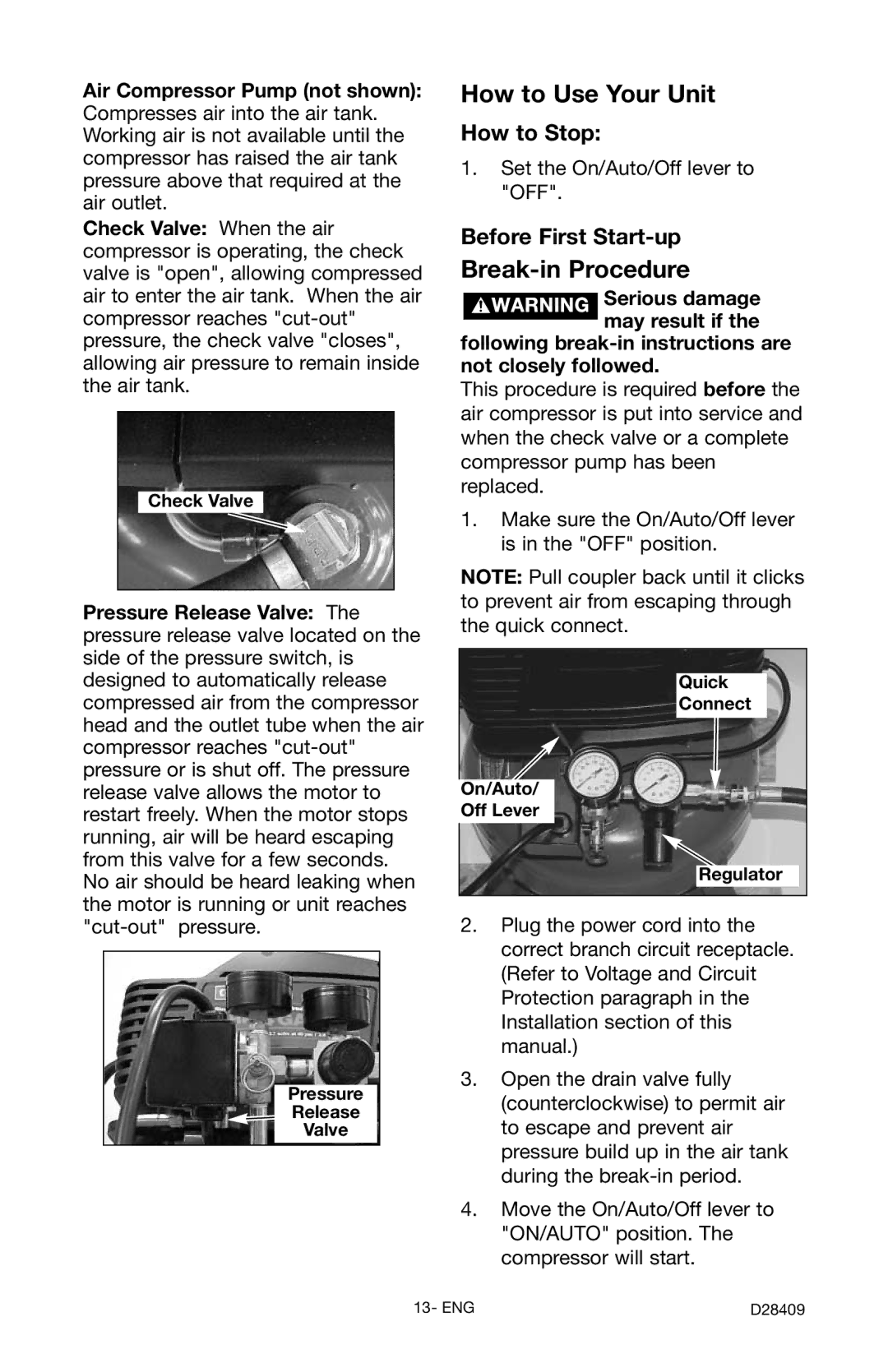 Craftsman 919.167362 owner manual How to Stop, Before First Start-up, Air Compressor Pump not shown 