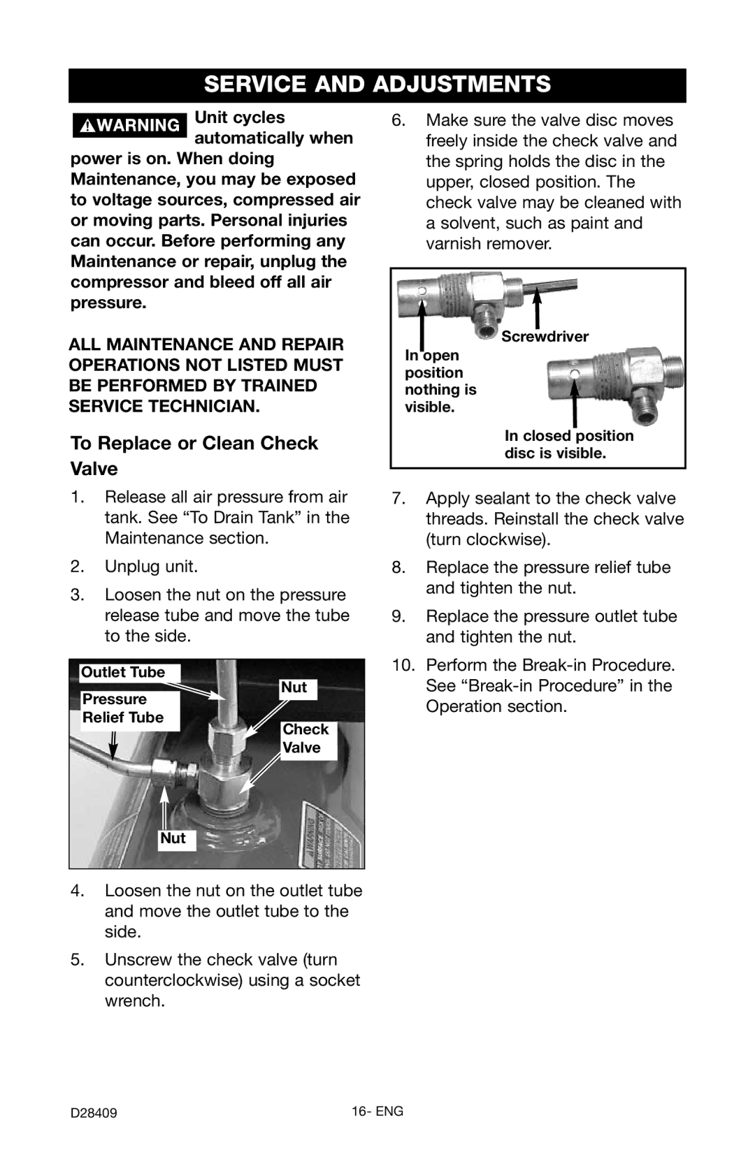 Craftsman 919.167362 owner manual Service and Adjustments, To Replace or Clean Check Valve 