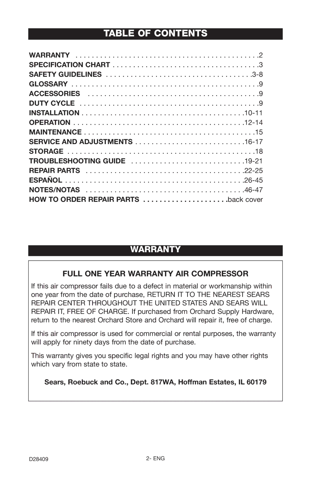 Craftsman 919.167362 owner manual Table of Contents 