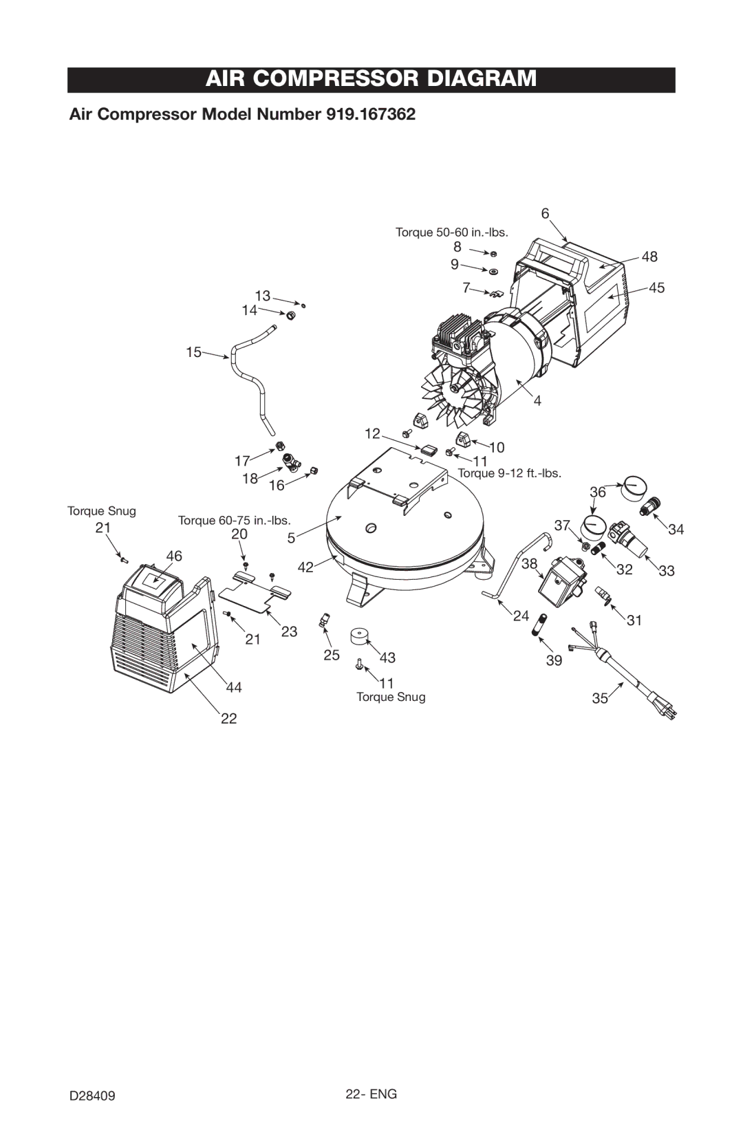 Craftsman 919.167362 owner manual AIR Compressor Diagram, Air Compressor Model Number 