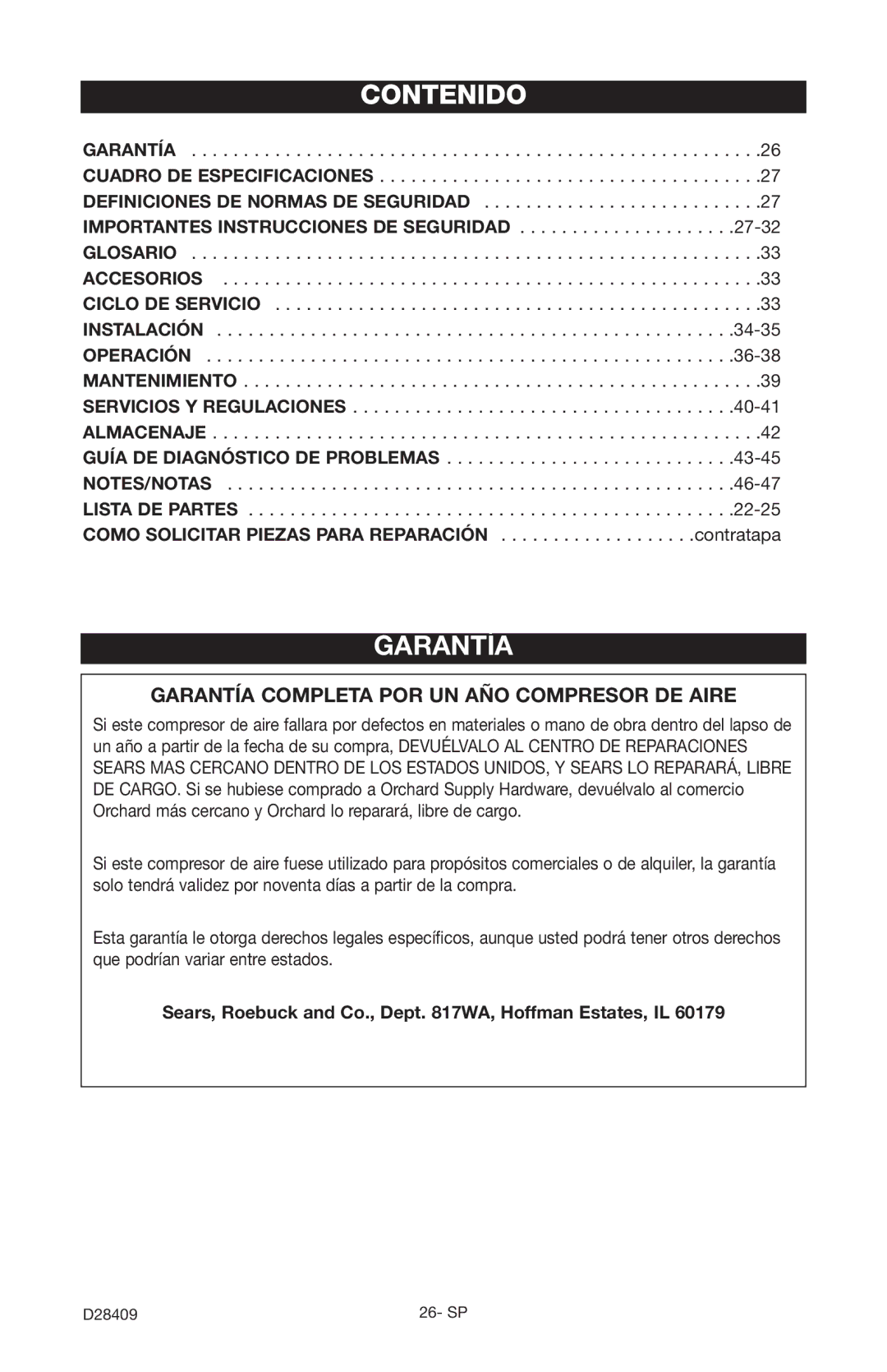 Craftsman 919.167362 owner manual Contenido, Garantía Completa POR UN AÑO Compresor DE Aire 