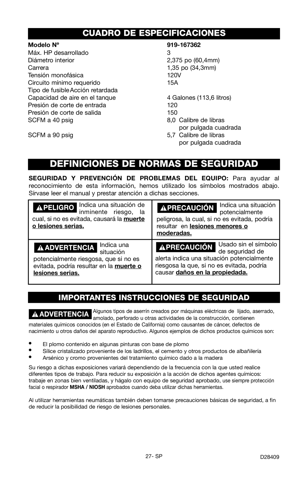 Craftsman 919.167362 Definiciones DE Normas DE Seguridad, Modelo Nº 919-167362, Resultar en lesiones menores o, Moderadas 