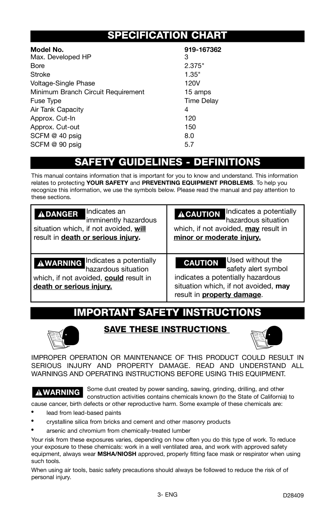 Craftsman 919.167362 owner manual Specification Chart, Safety Guidelines Definitions, Important Safety Instructions 