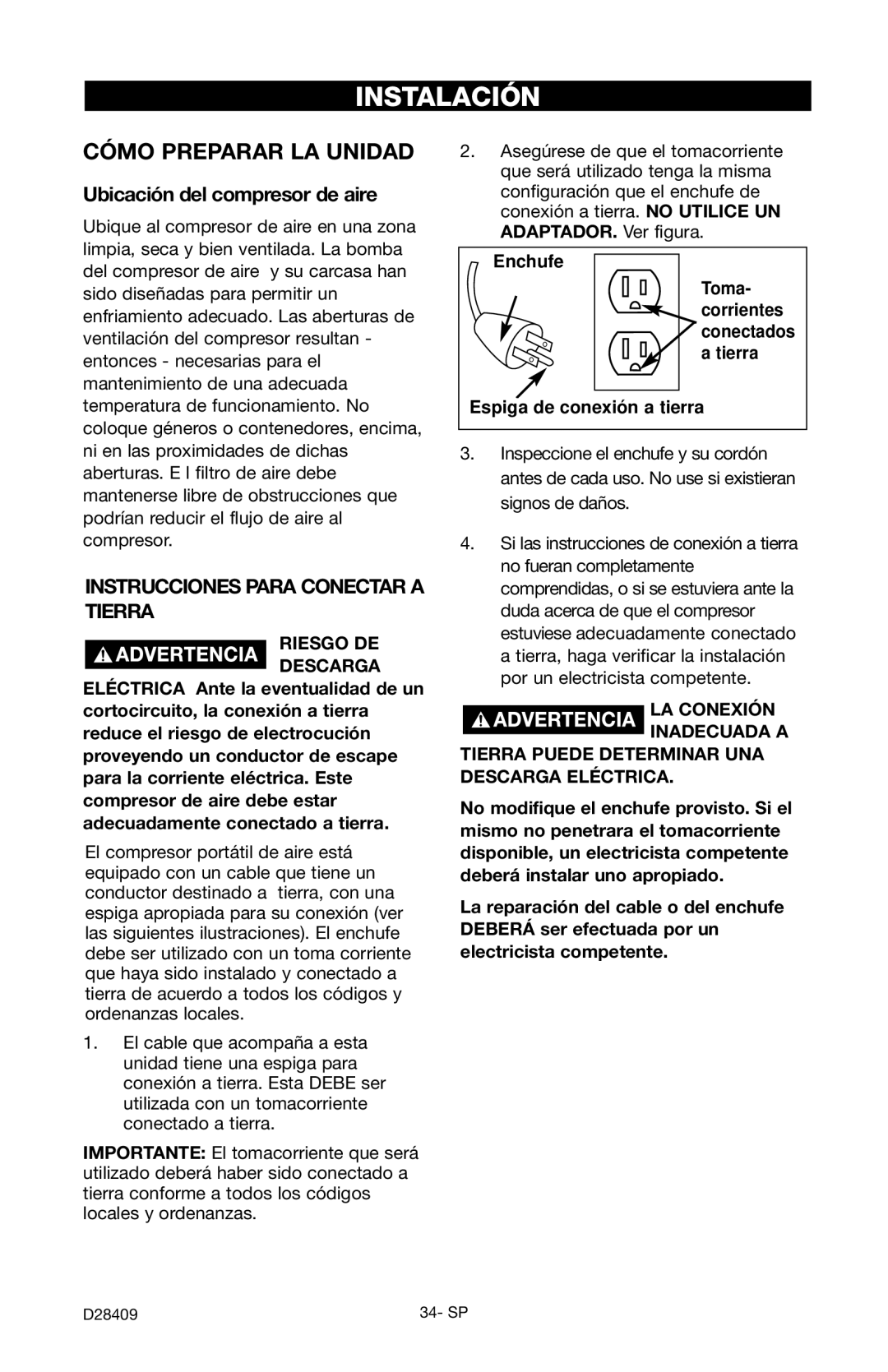 Craftsman 919.167362 owner manual Instalación, Cómo Preparar LA Unidad, Ubicación del compresor de aire 