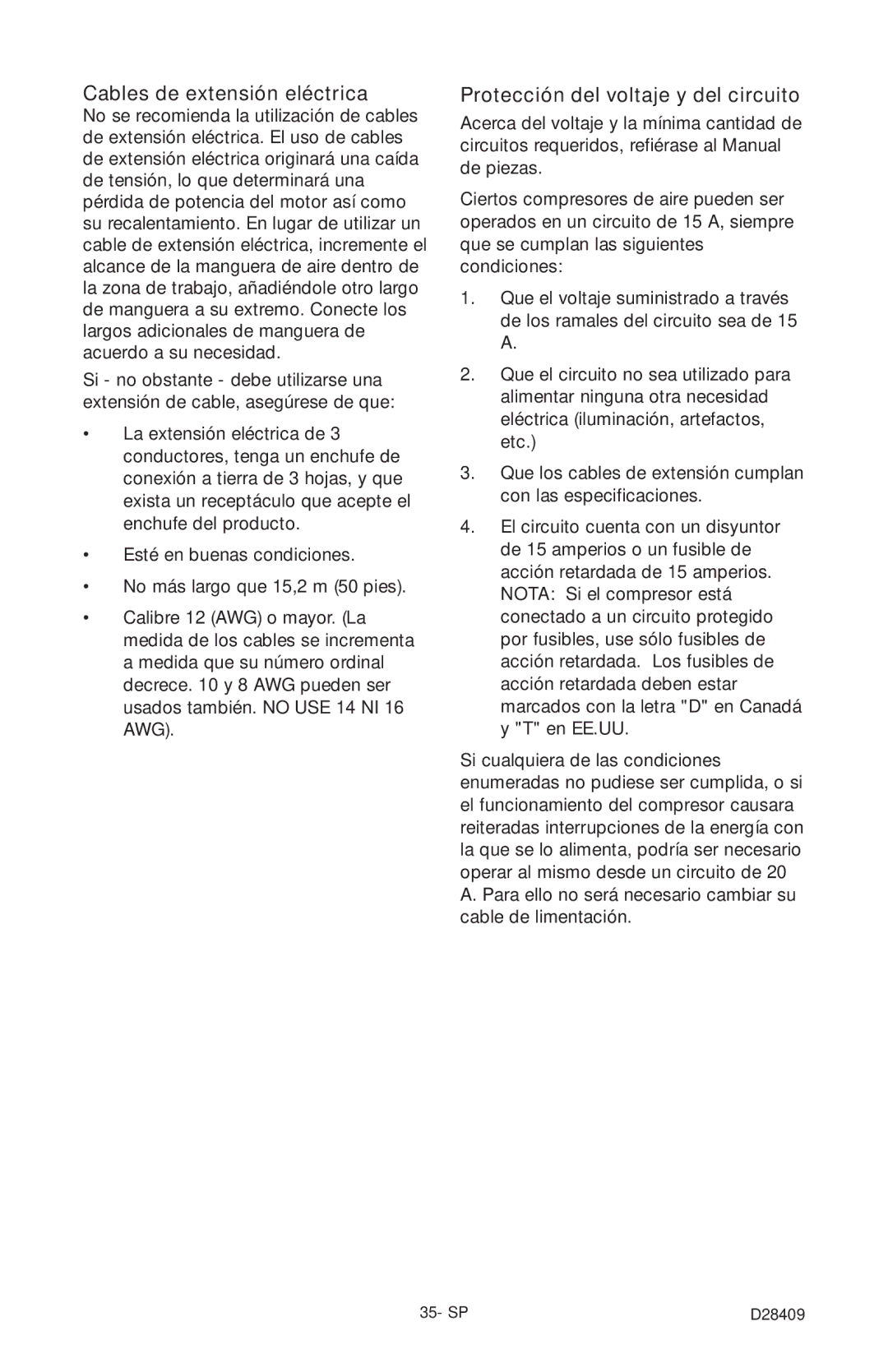 Craftsman 919.167362 owner manual Cables de extensión eléctrica, Protección del voltaje y del circuito 