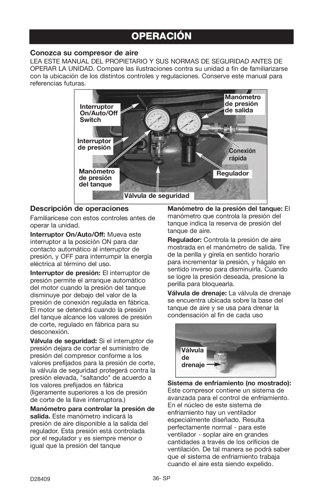 Craftsman 919.167362 owner manual Operación, Conozca su compresor de aire, Descripción de operaciones 