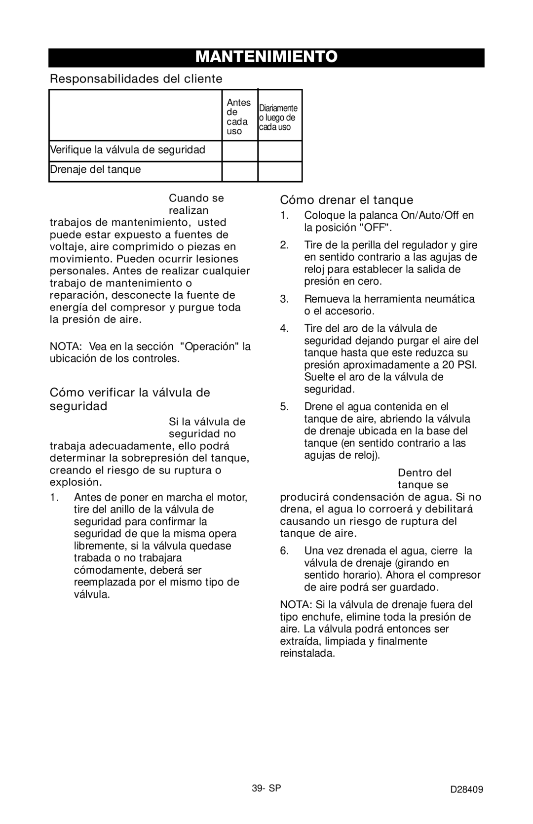 Craftsman 919.167362 owner manual Mantenimiento, Responsabilidades del cliente, Cómo verificar la válvula de seguridad 