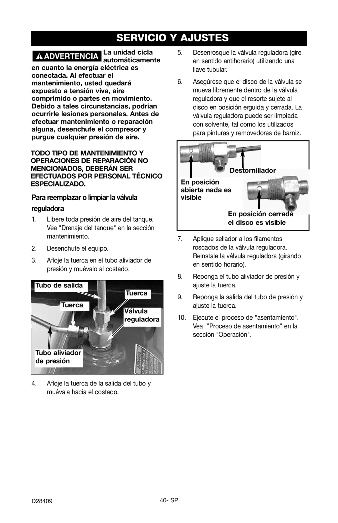 Craftsman 919.167362 Servicio Y Ajustes, Para reemplazar o limpiar la válvula Reguladora, Tubo de salida Tuerca 