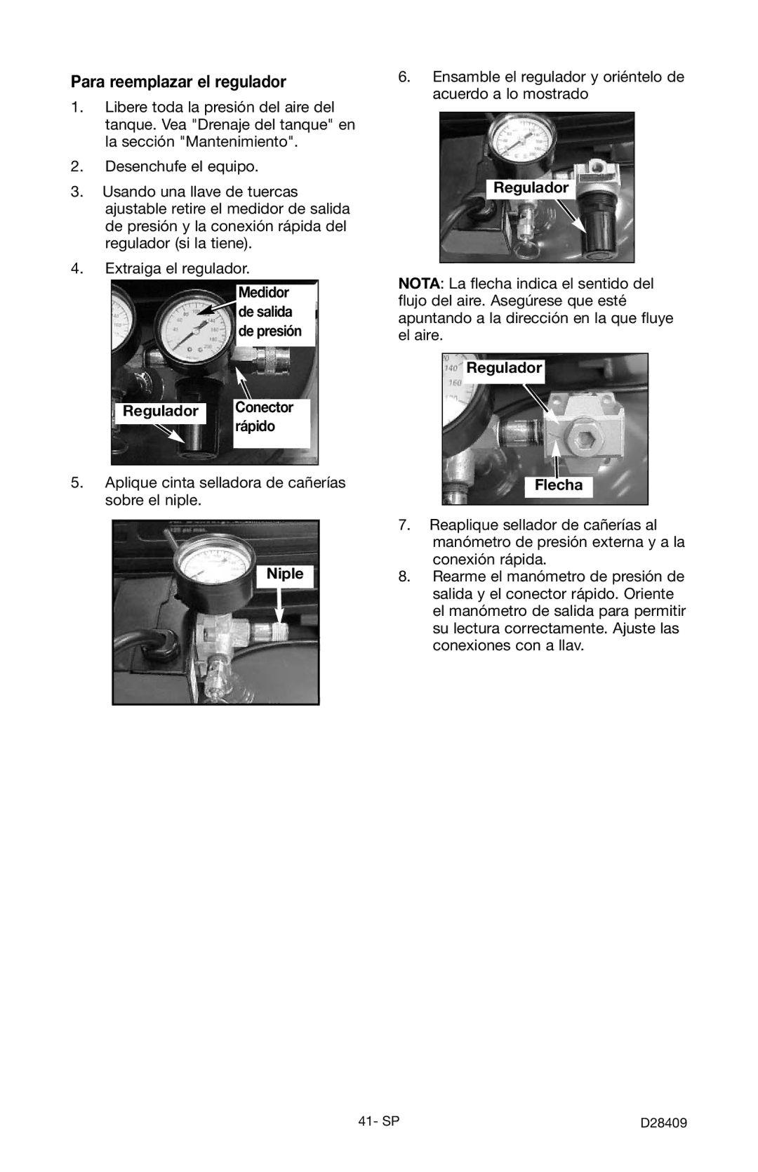 Craftsman 919.167362 owner manual Para reemplazar el regulador, Regulador Conector rápido, Niple, Regulador Flecha 