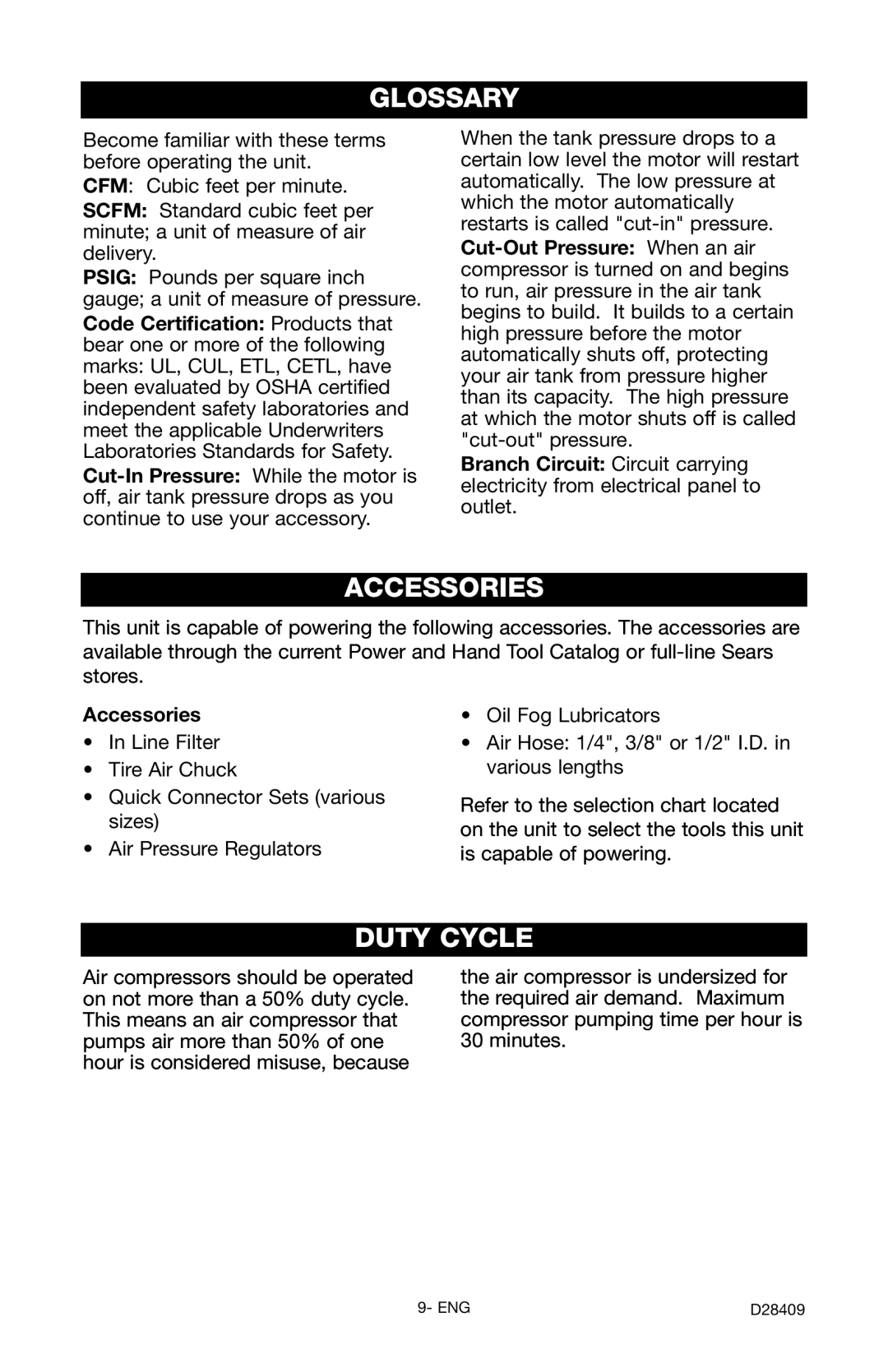 Craftsman 919.167362 owner manual Glossary, Accessories, Duty Cycle 