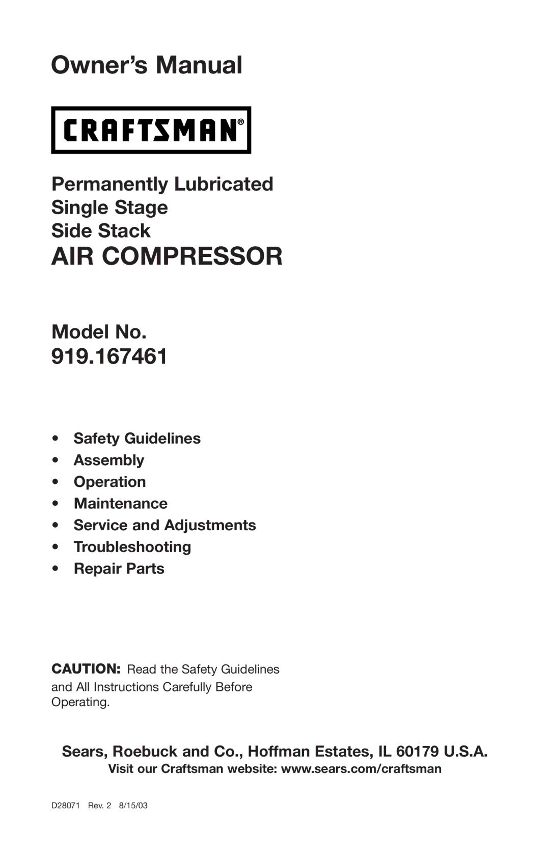 Craftsman 919.167461 owner manual AIR Compressor 