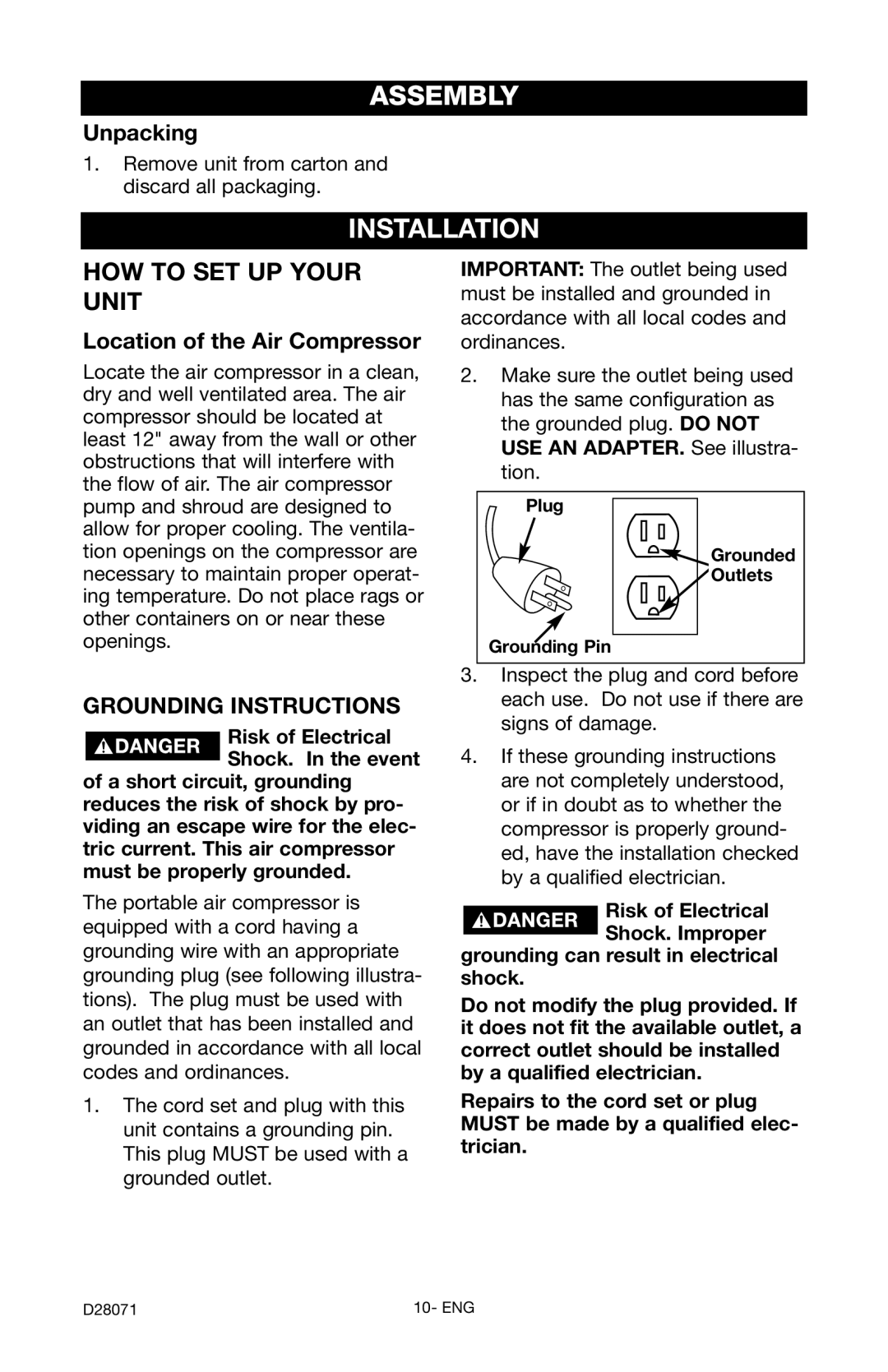 Craftsman 919.167461 owner manual Assembly, Installation, Unpacking, Location of the Air Compressor, Grounding Instructions 