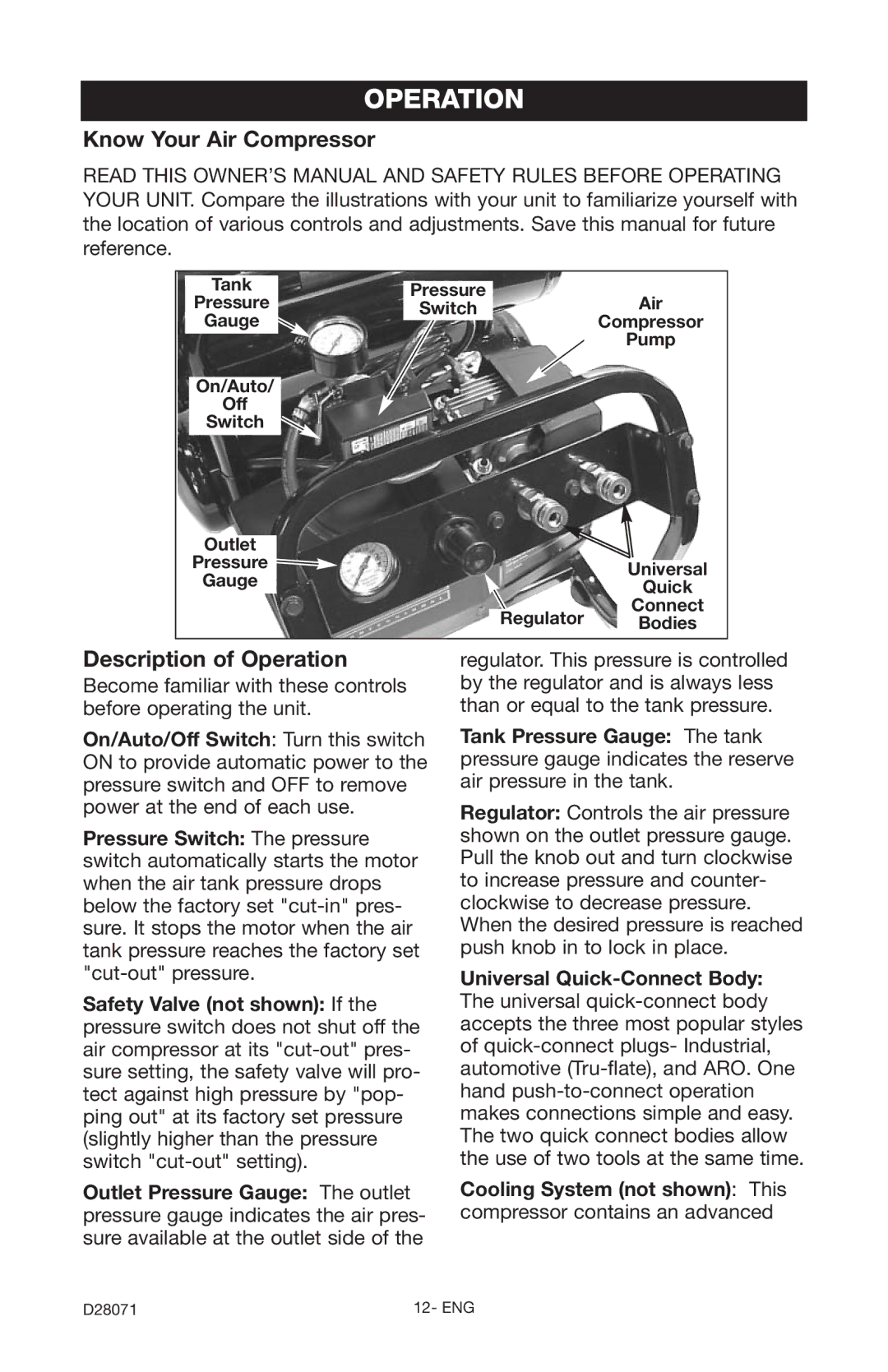 Craftsman 919.167461 owner manual Know Your Air Compressor, Description of Operation, On/Auto Off Switch, Regulator 