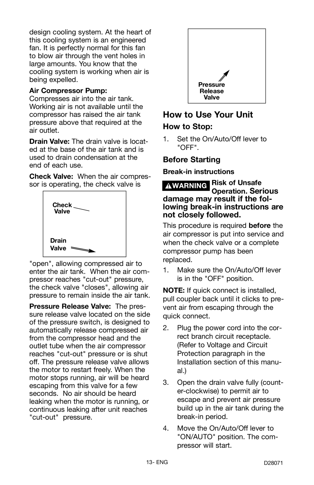 Craftsman 919.167461 owner manual How to Stop, Before Starting, Air Compressor Pump, Check Valve Drain 