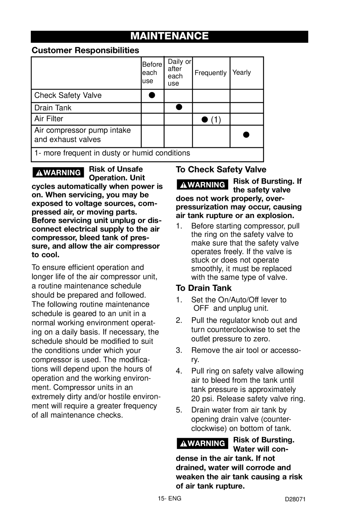 Craftsman 919.167461 owner manual Maintenance, Customer Responsibilities, To Check Safety Valve, To Drain Tank 