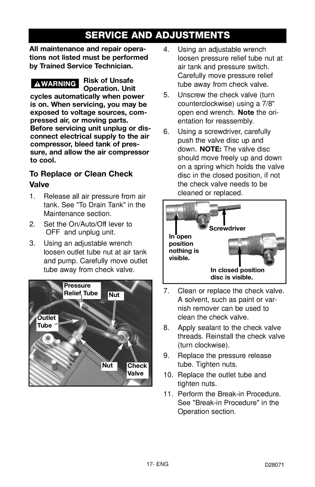 Craftsman 919.167461 owner manual Service and Adjustments, To Replace or Clean Check Valve 