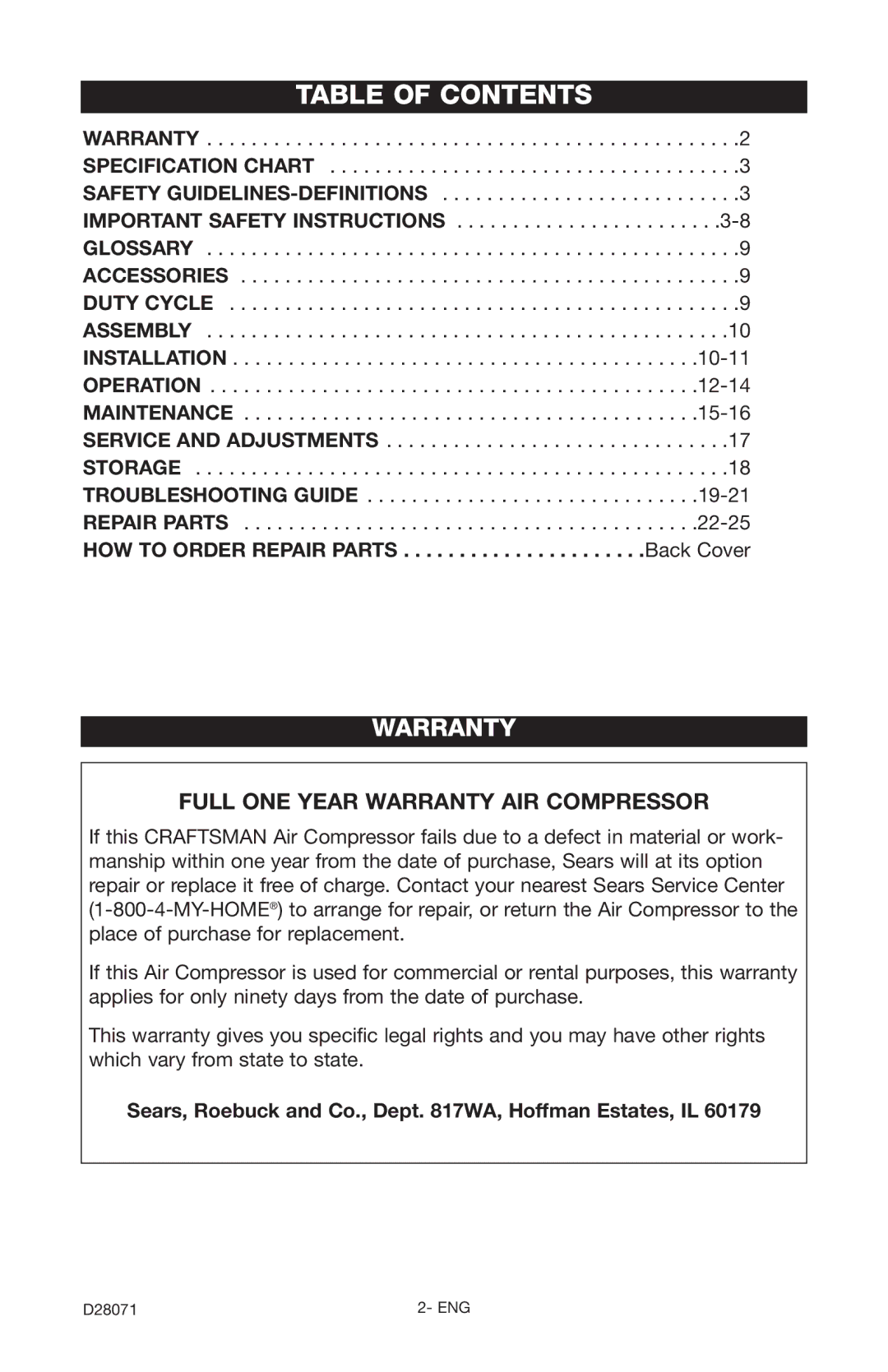 Craftsman 919.167461 owner manual Table of Contents 