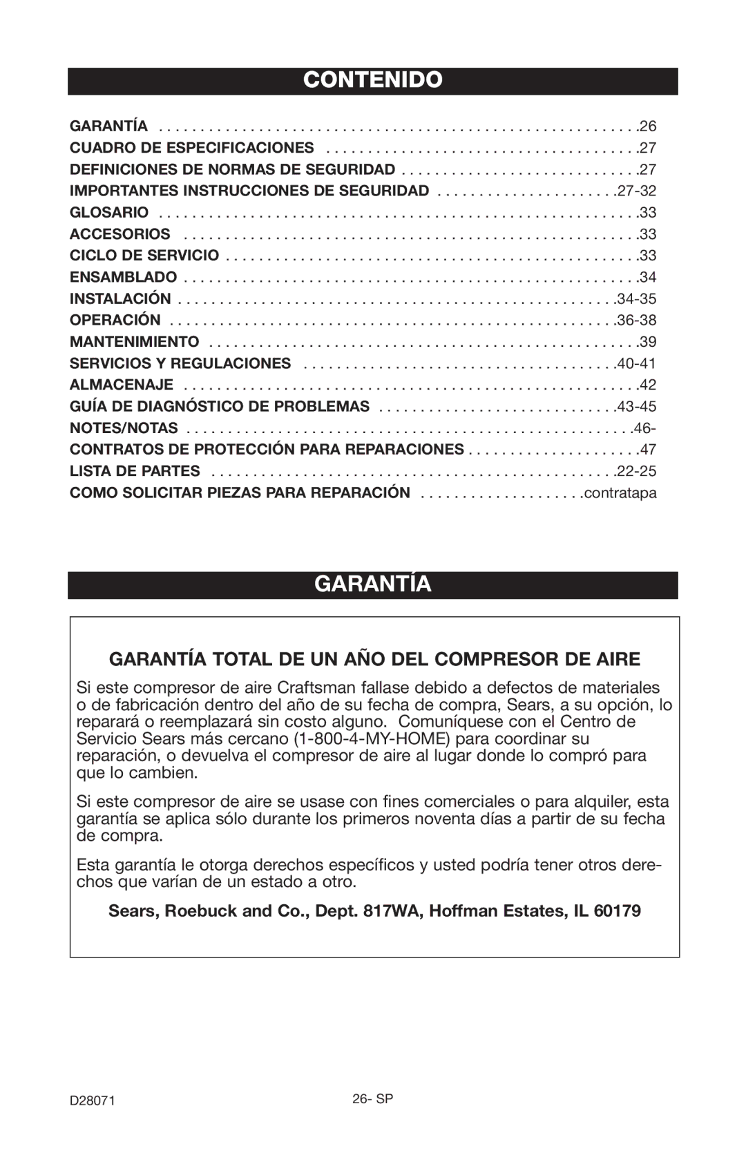 Craftsman 919.167461 owner manual Contenido, Garantía Total DE UN AÑO DEL Compresor DE Aire 