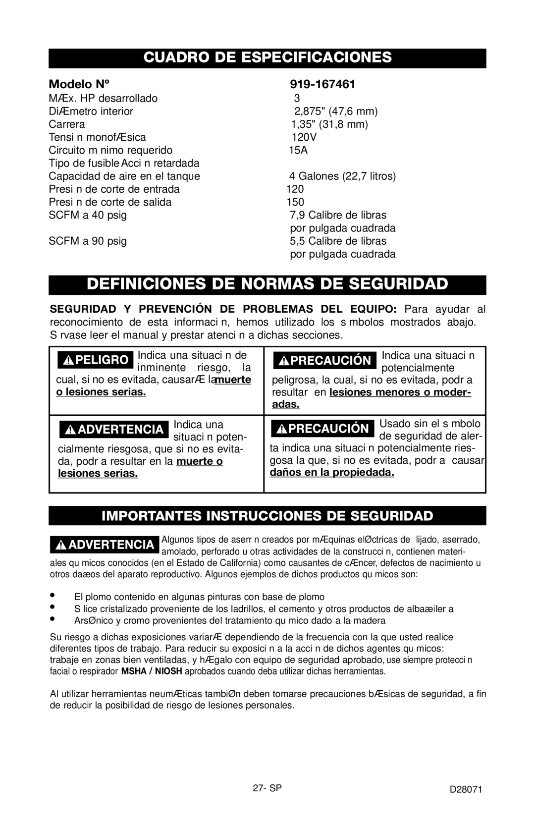 Craftsman 919.167461 Definiciones DE Normas DE Seguridad, Modelo Nº, Adas, Lesiones serias Daños en la propiedada 