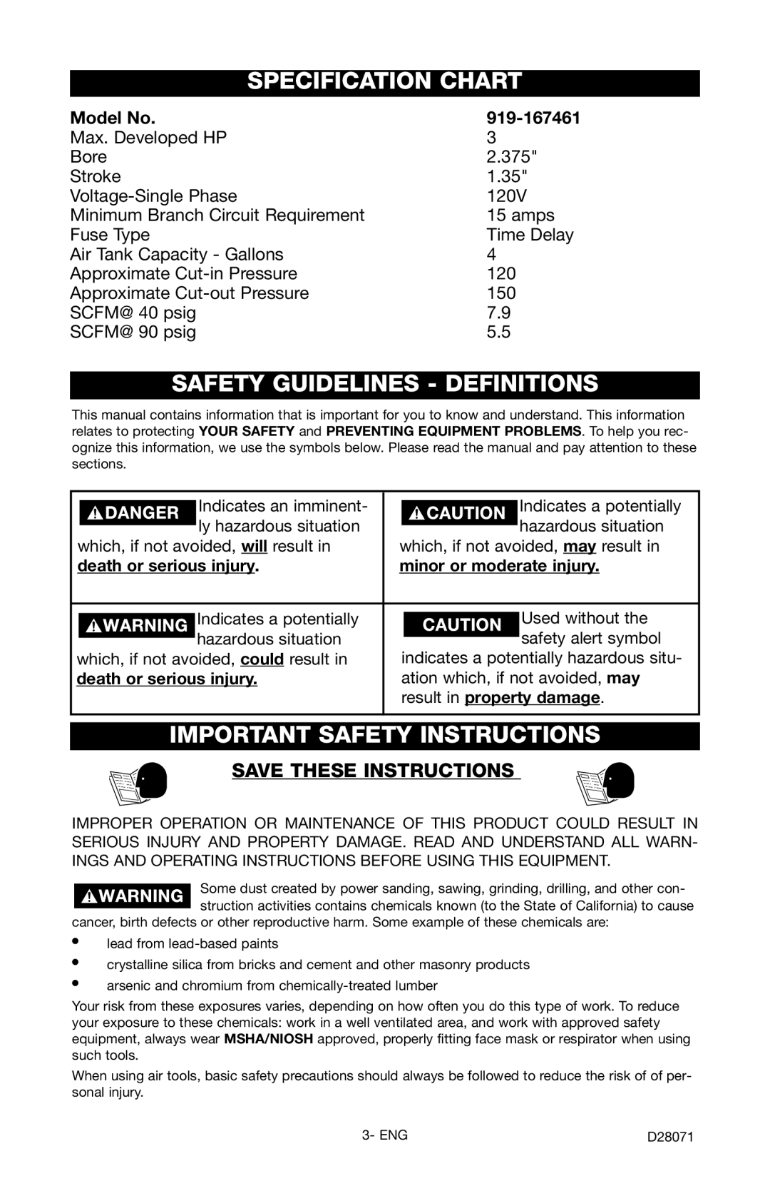 Craftsman 919.167461 owner manual Specification Chart, Safety Guidelines Definitions, Important Safety Instructions 