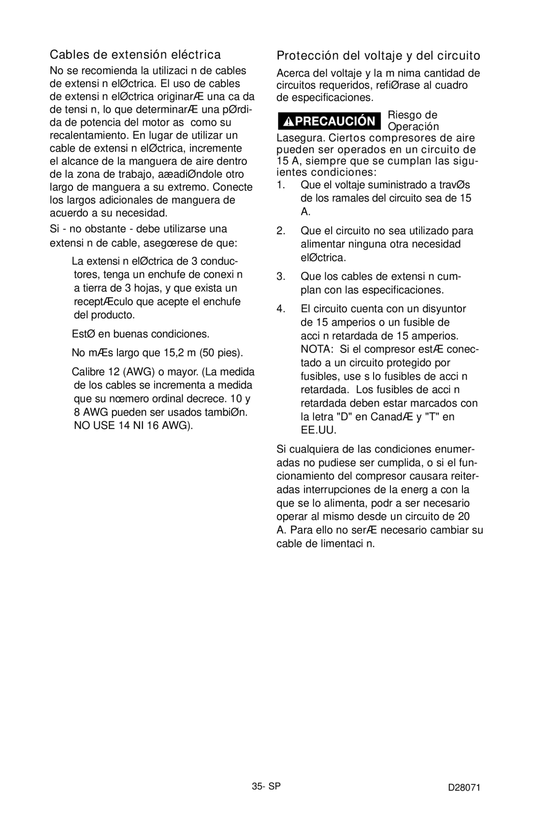 Craftsman 919.167461 owner manual Cables de extensión eléctrica, Protección del voltaje y del circuito, Riesgo de Operación 