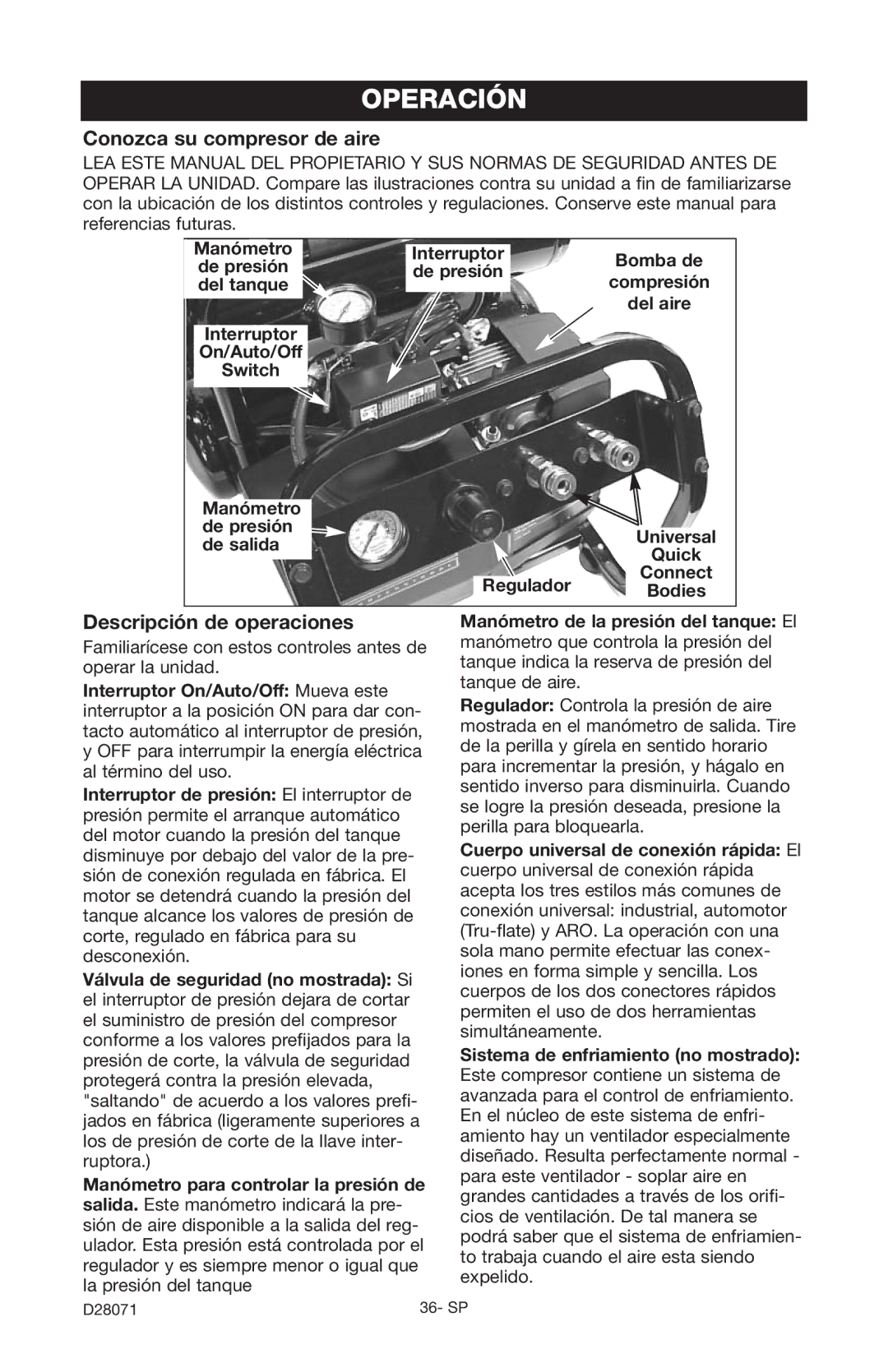 Craftsman 919.167461 Operación, Conozca su compresor de aire, Descripción de operaciones, Interruptor, De presión 