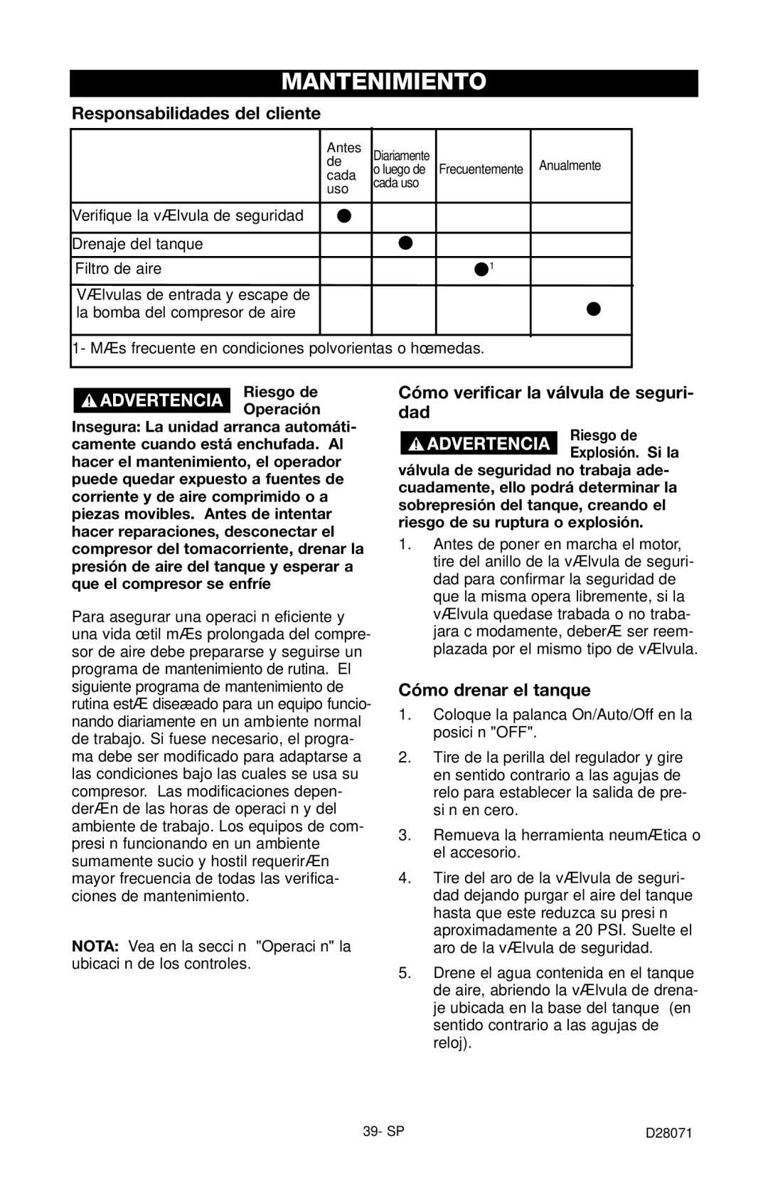 Craftsman 919.167461 owner manual Mantenimiento, Responsabilidades del cliente, Cómo verificar la válvula de seguri- dad 