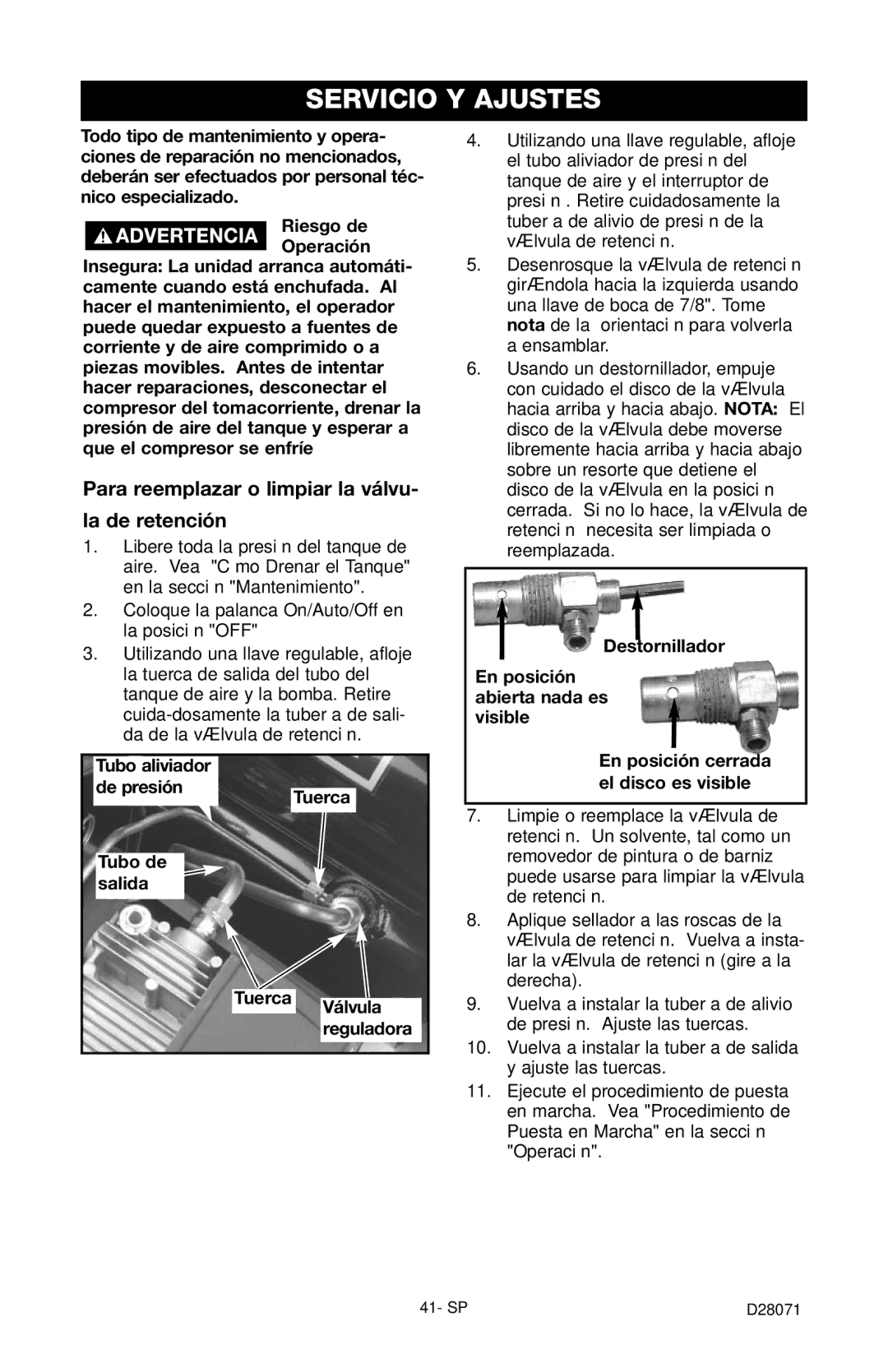 Craftsman 919.167461 owner manual Servicio Y Ajustes, Para reemplazar o limpiar la válvu La de retención, Tubo aliviador 