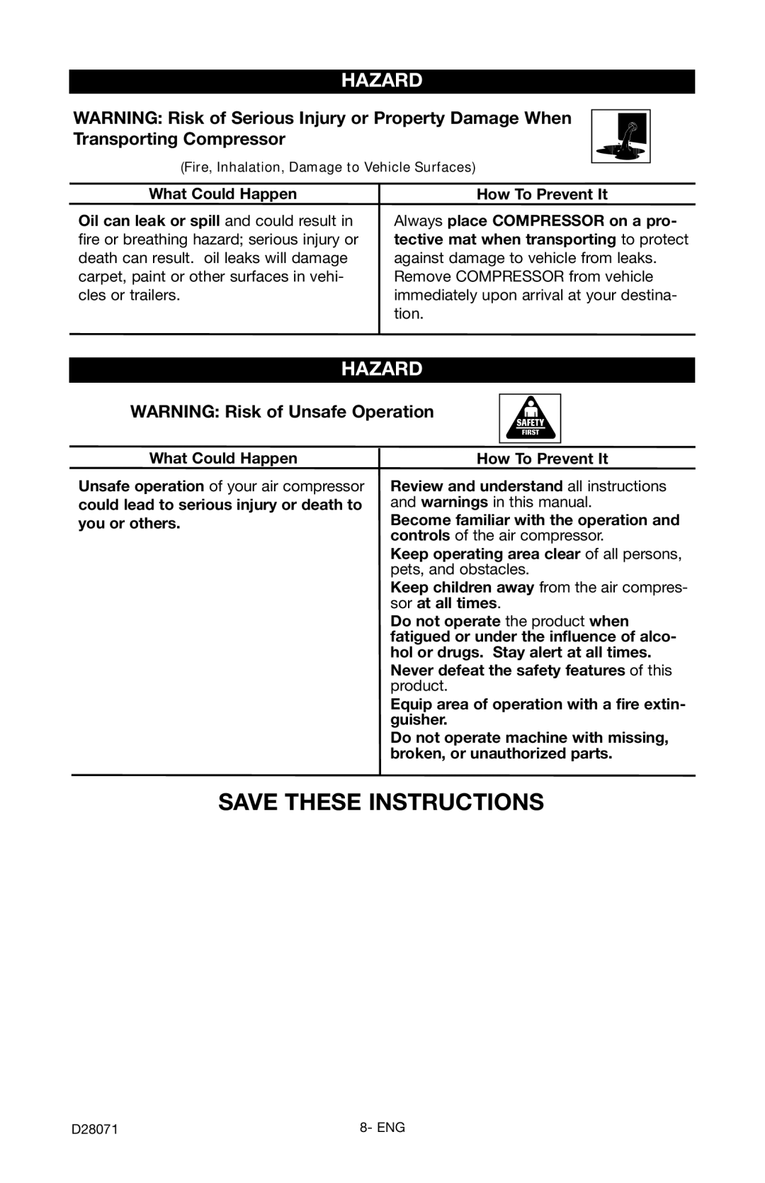 Craftsman 919.167461 owner manual Fire, Inhalation, Damage to Vehicle Surfaces 