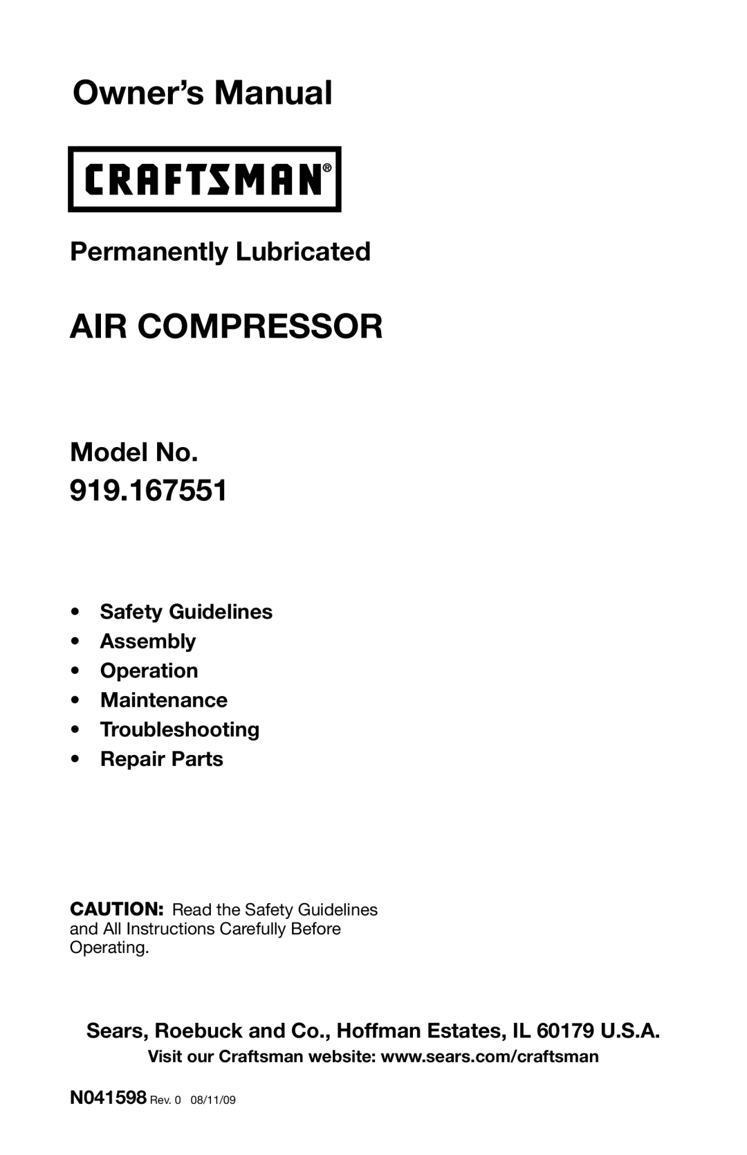 Craftsman 919.167551 owner manual Air Compressor 