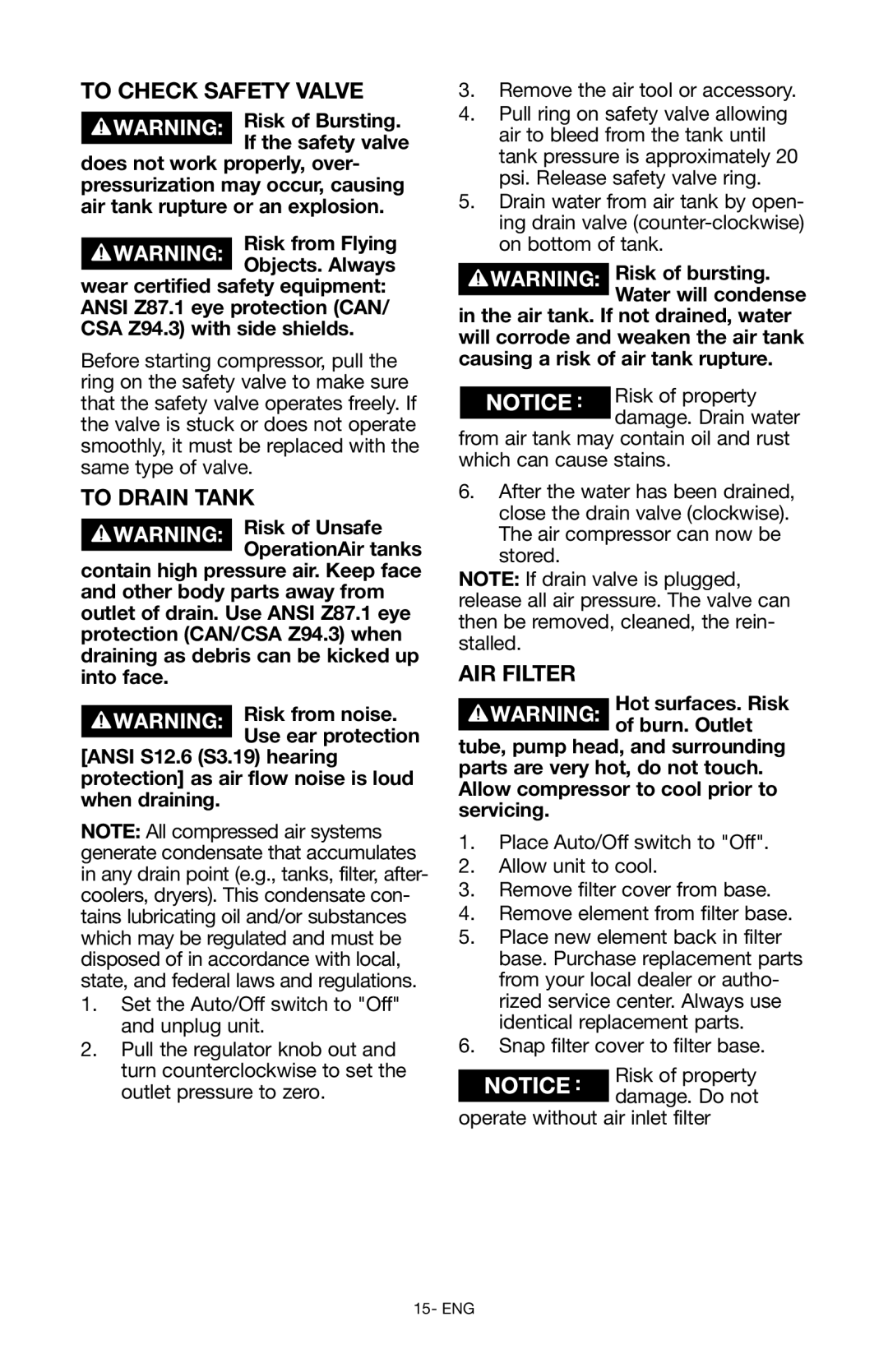 Craftsman 919.167551 owner manual To Check Safety Valve, To Drain Tank, Air Filter 