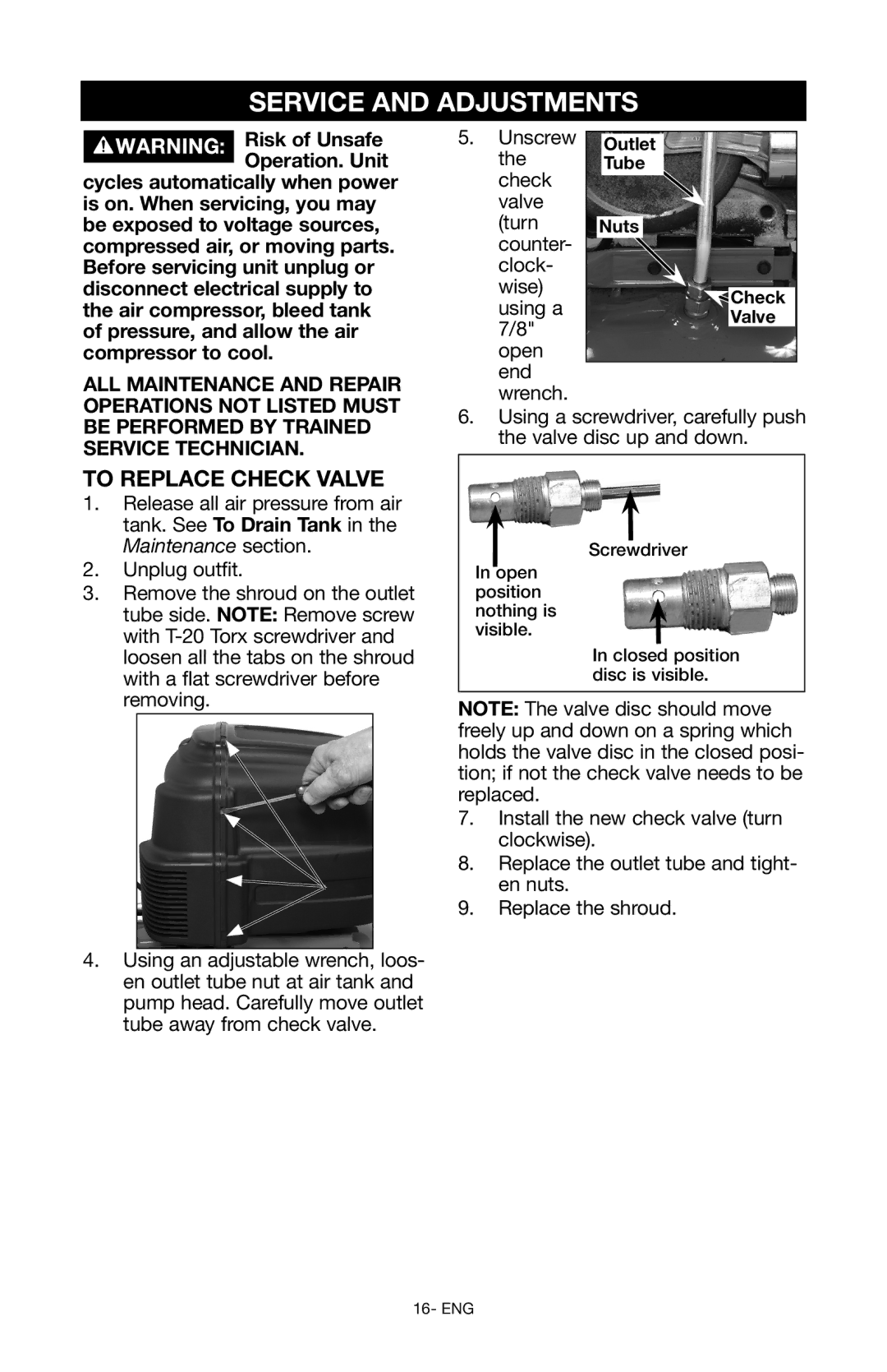 Craftsman 919.167551 Service and Adjustments, To Replace Check Valve, Be Performed by Trained Service Technician 