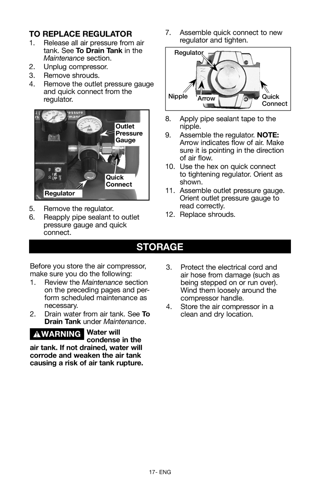 Craftsman 919.167551 owner manual Storage, To Replace Regulator, Outlet Pressure Gauge Quick Connect Regulator 