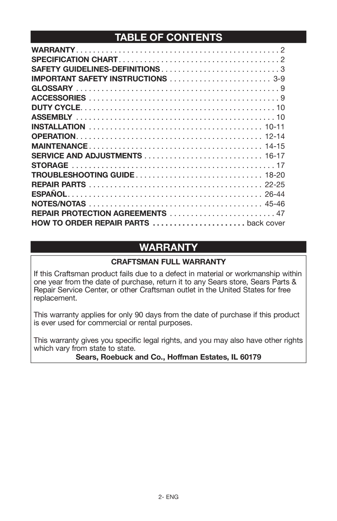 Craftsman 919.167551 owner manual Table of Contents, Warranty 