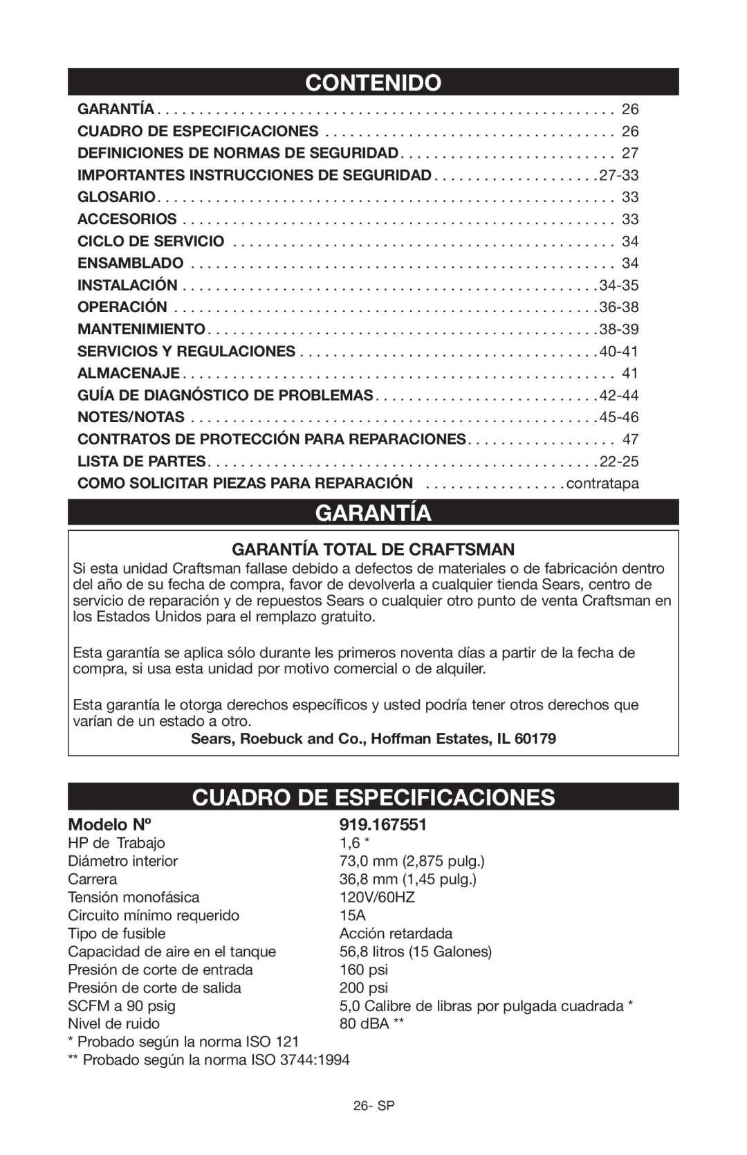 Craftsman owner manual Contenido, Cuadro DE Especificaciones, Garantía Total DE Craftsman, Modelo Nº 919.167551 