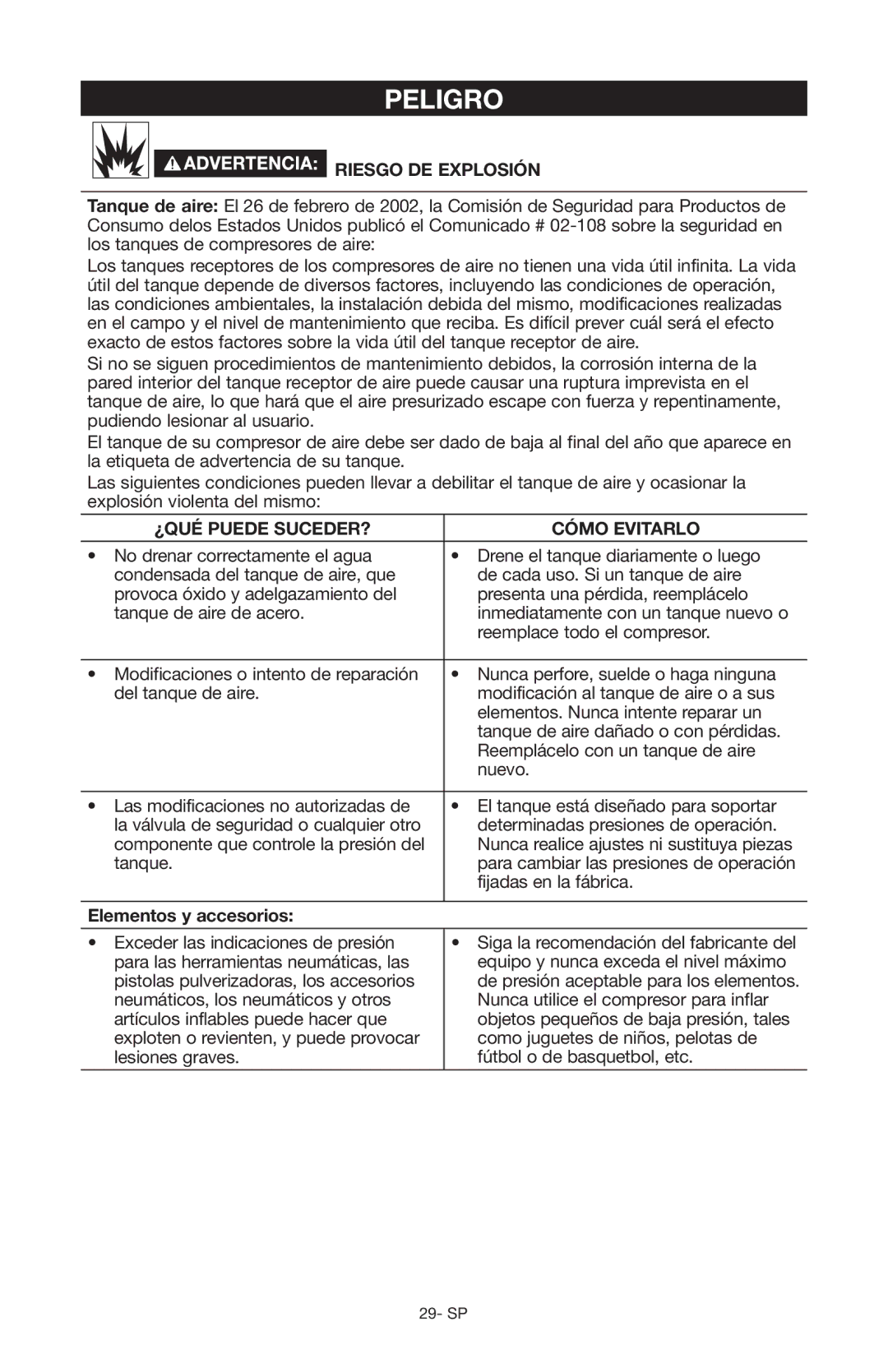 Craftsman 919.167551 owner manual Riesgo de explosión, Elementos y accesorios 