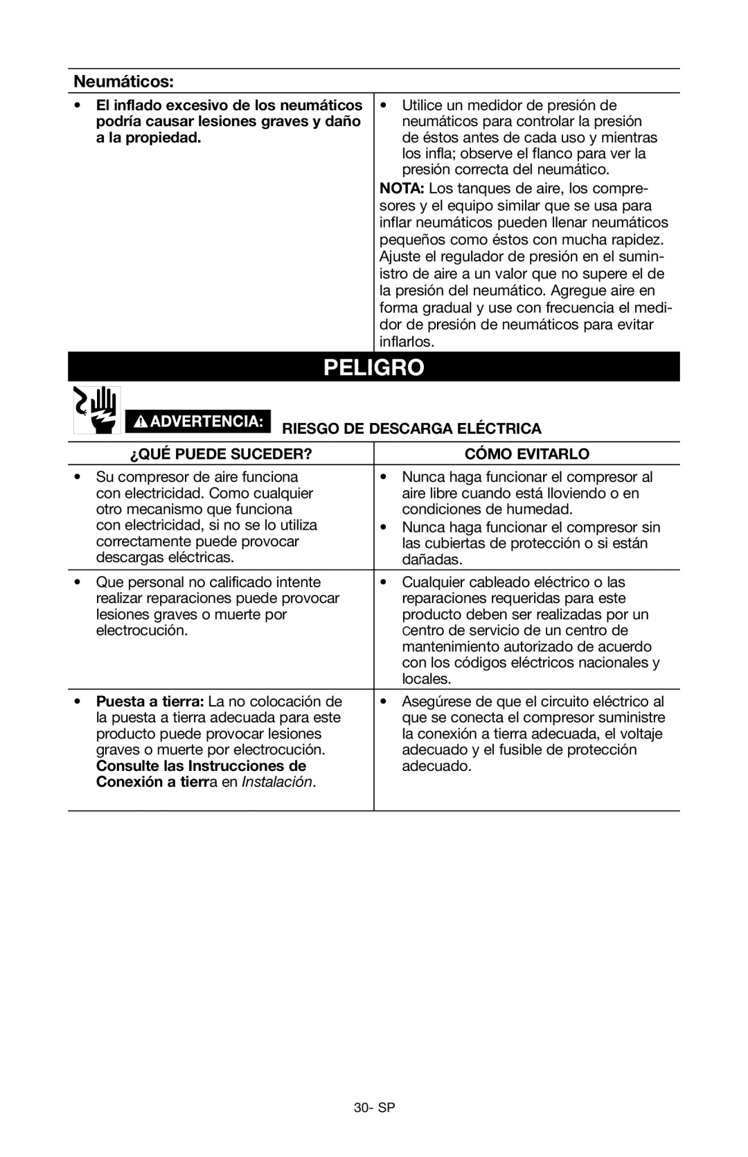 Craftsman 919.167551 owner manual Neumáticos, Riesgo de descarga eléctrica, Consulte las Instrucciones de 