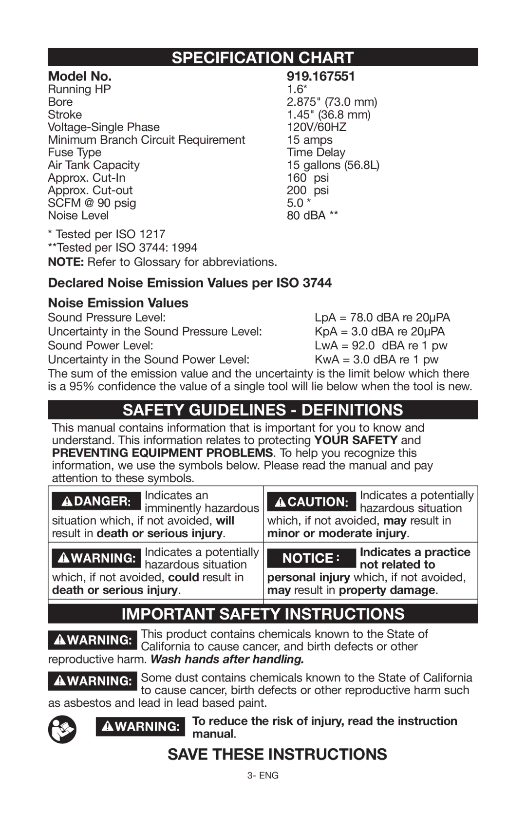 Craftsman 919.167551 owner manual Specification Chart, Safety Guidelines Definitions, Important Safety Instructions 