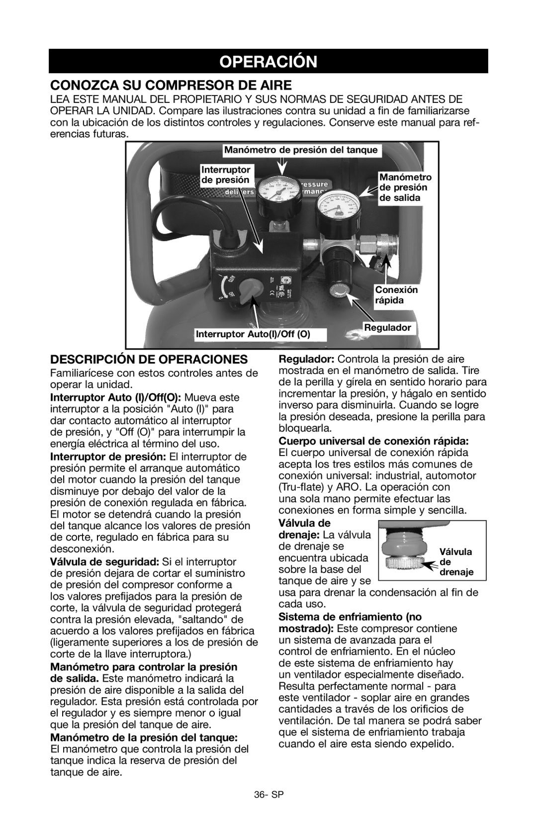 Craftsman 919.167551 owner manual Operación, Conozca su compresor de aire, Descripción de operaciones, Válvula de 