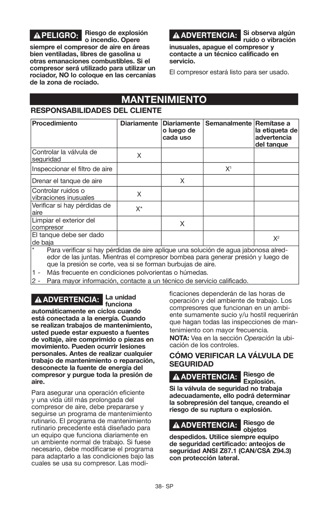 Craftsman 919.167551 owner manual Mantenimiento, Responsabilidades del cliente, Cómo verificar la válvula de seguridad 