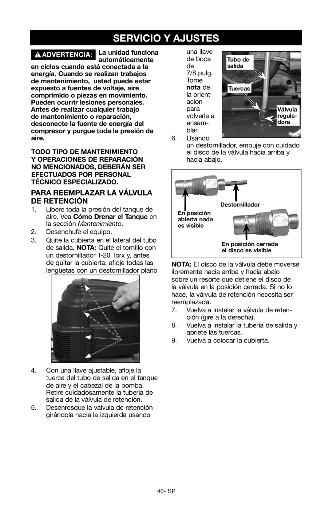 Craftsman 919.167551 owner manual Servicio Y Ajustes, Para reemplazar la válvula de retención, Nota de 