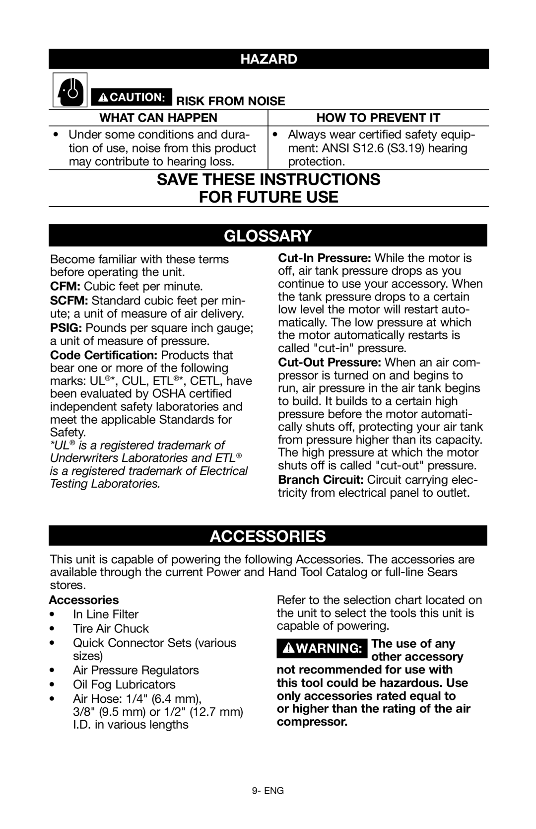 Craftsman 919.167551 owner manual Glossary, Accessories, Risk from noise What can happen How to prevent it 