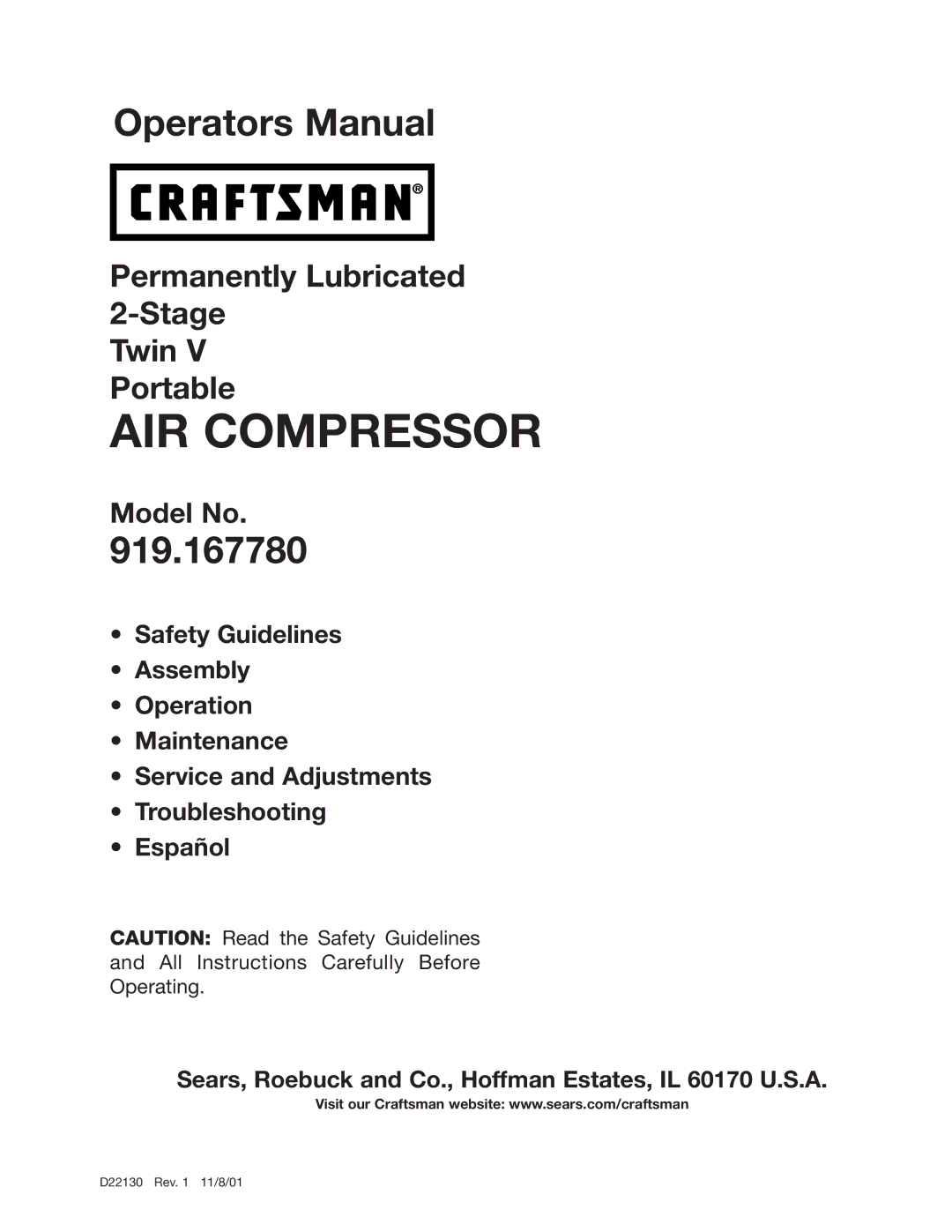 Craftsman 919.16778 manual AIR Compressor 