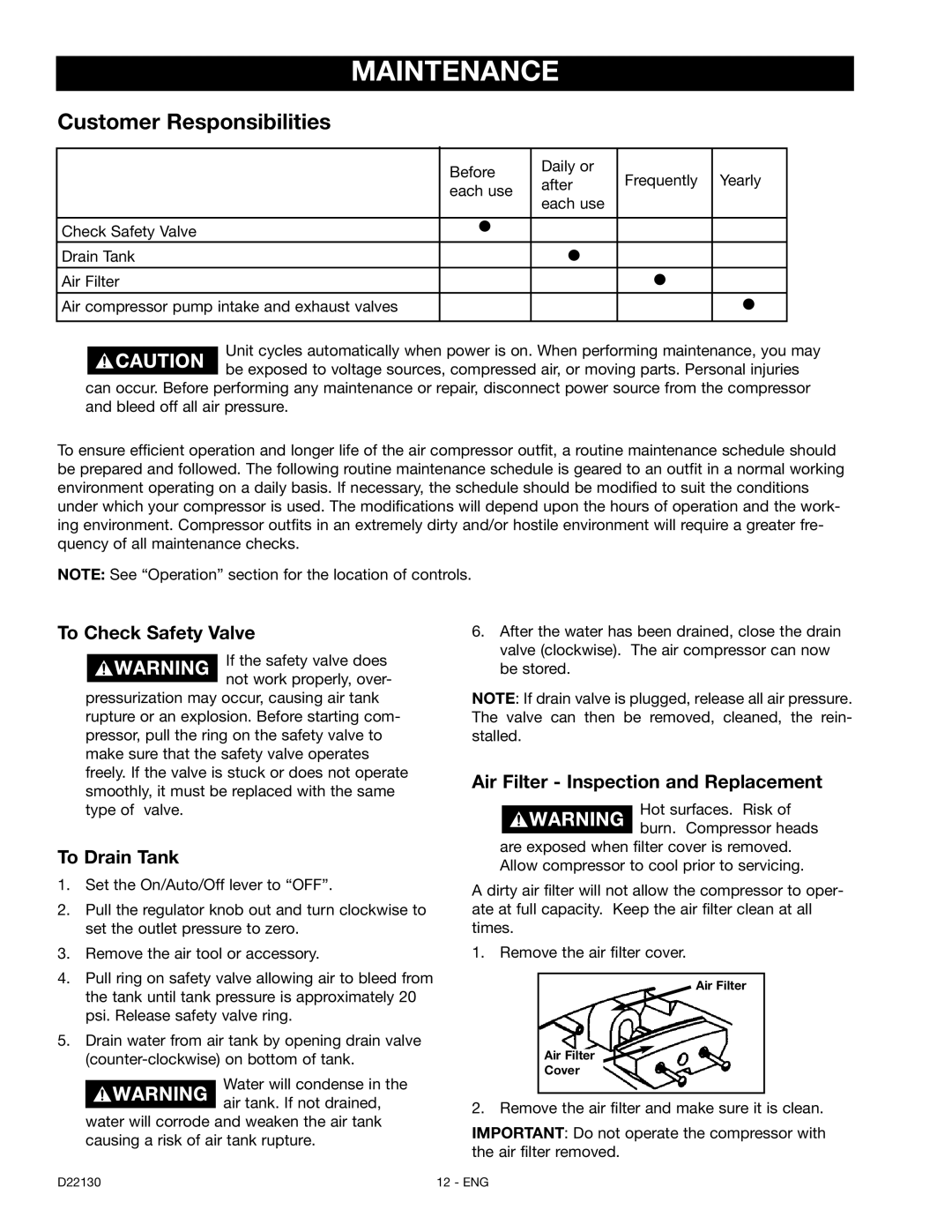 Craftsman 919.16778 manual Maintenance, Customer Responsibilities, To Check Safety Valve, To Drain Tank 